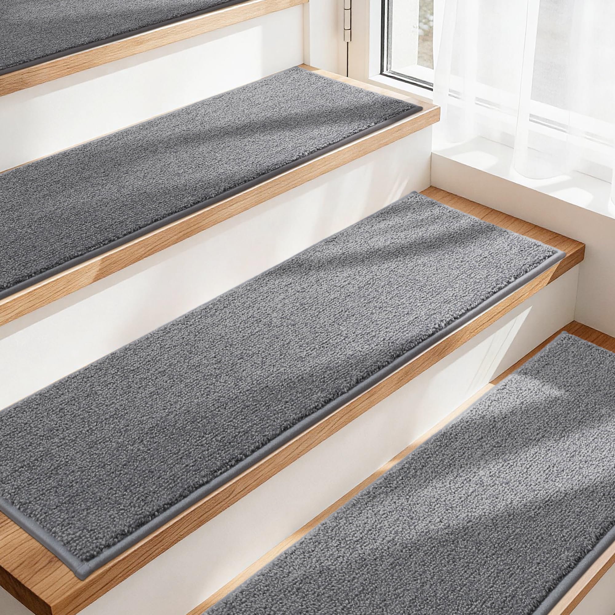 COSY HOMEER Stair Treads Carpet 4 Pack, Non-Slip Polyester Stair Treads for Indoor Stairs Safety, Quick Peel Self-adhesive Stair Runner Carpet Pads, Machine Washable, 21 x 73cm, Grey