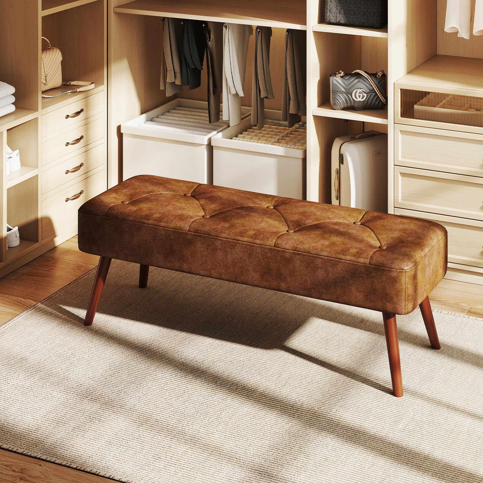 Sitzbank Flur Schlafzimmerbank 113.5cm, Esszimmerbank, Bettbank Flurbank, Fußbank, Polsterbank, Schminkbank Schuhbank mit Holzbeinen aus Pu für Schlafzimmer Wohnzimmer Flur