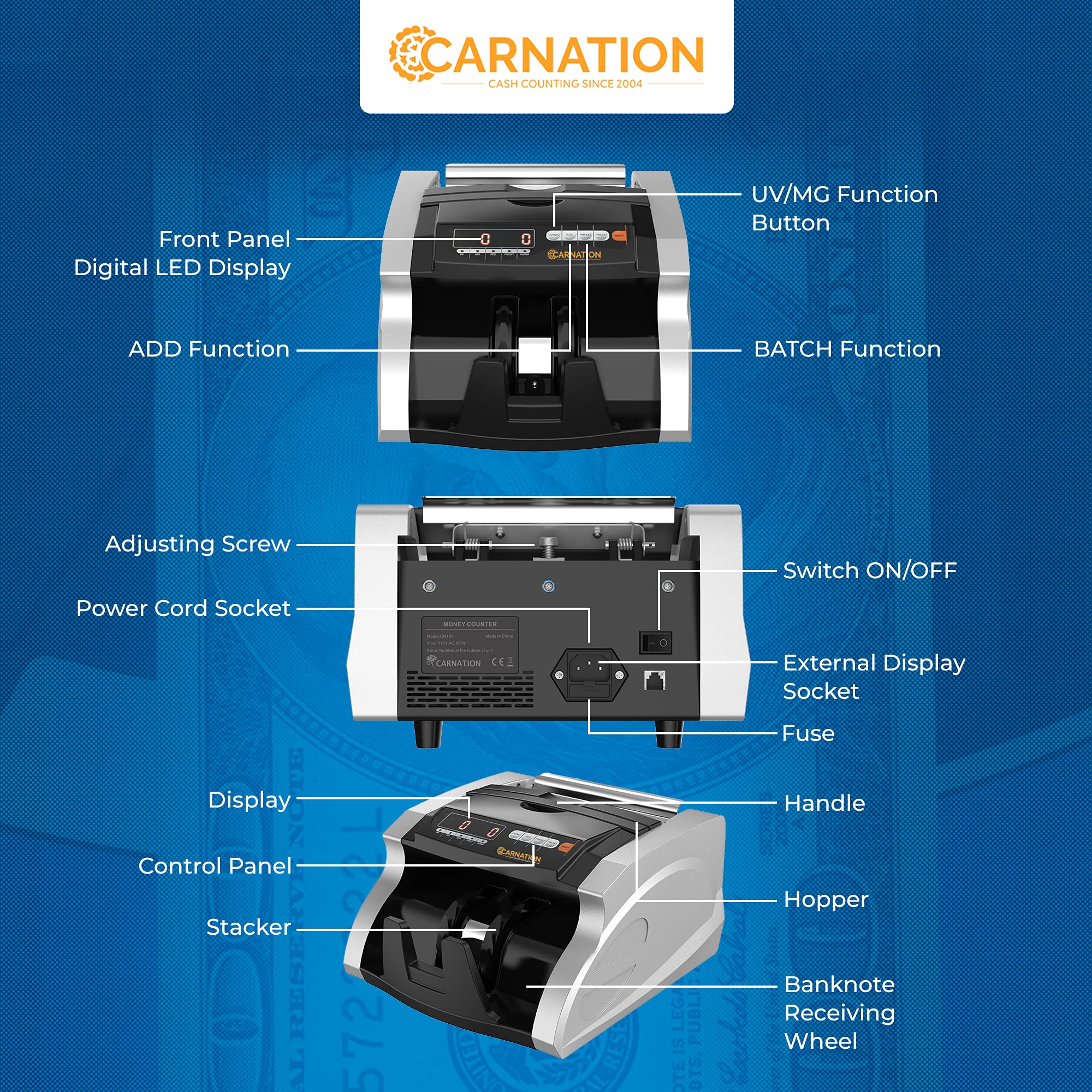 Carnation bill Cash Money Counter CR180 with UV and MG Counterfeit Detection super veloce un anno di garanzia Elite black, silver