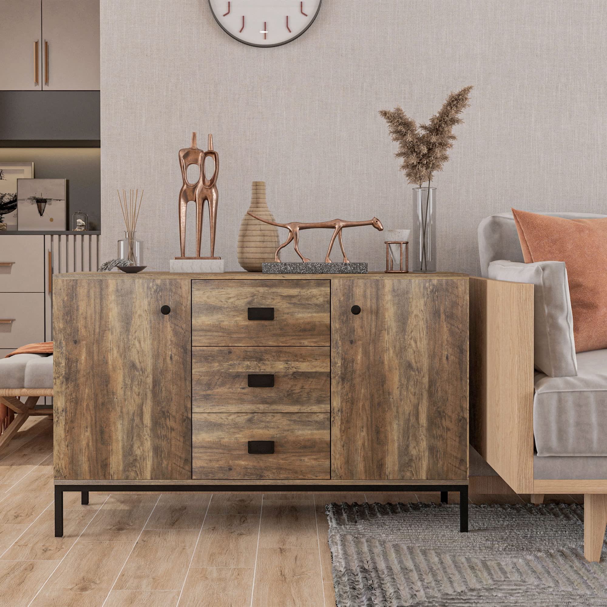 HOMCOM Credenza Moderna in Truciolato e Metallo per Cucina e Soggiorno con 2 Armadietti a 2 Ante con Ripiani Regolabili e 3 Cassetti, 120x39.5x77 cm, Marrone
