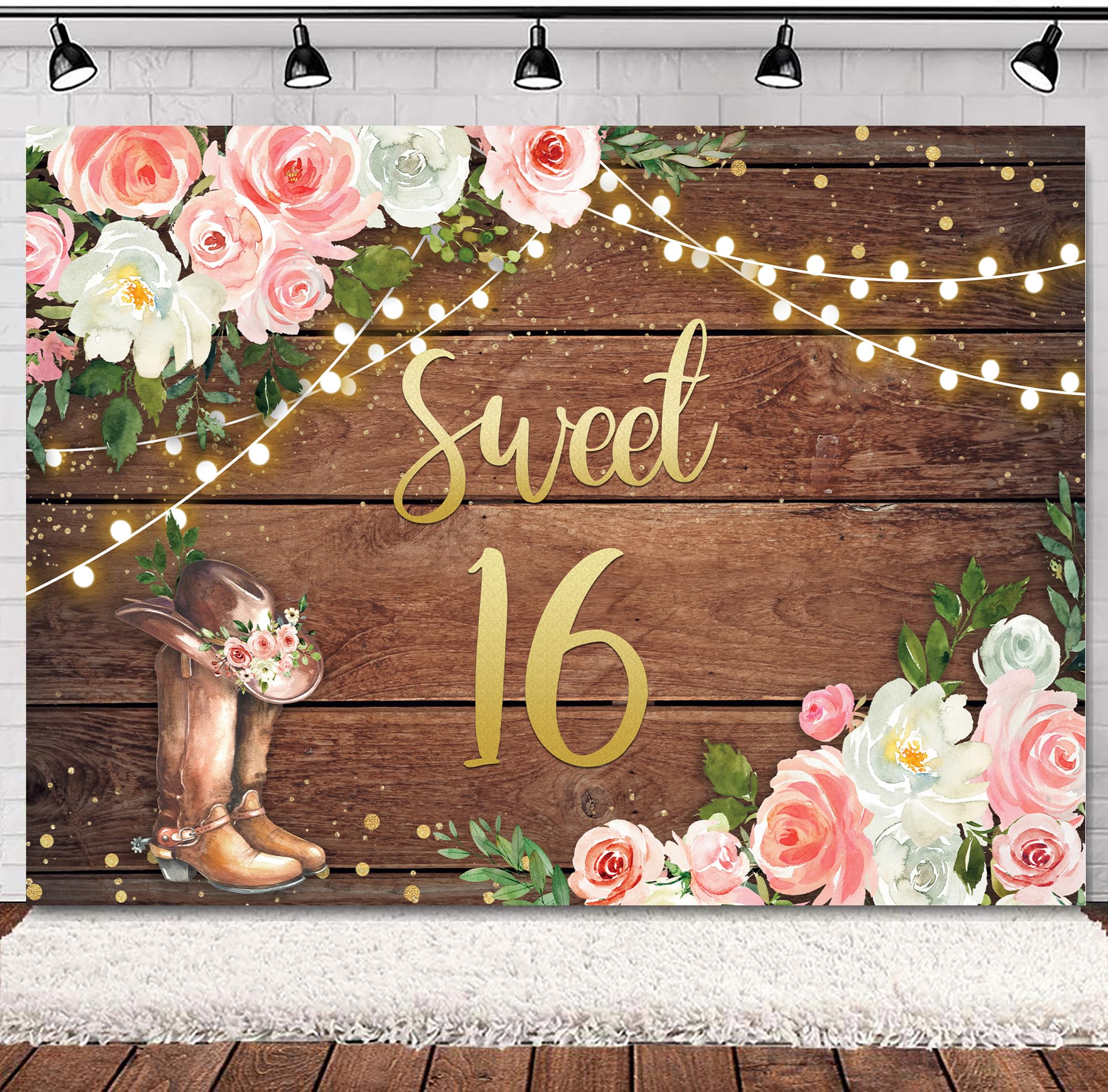 SVBright Sweet 16 Backdrop 7Wx5H Western Cowgirl Happy Birthday Rustic Country Wood Plank Pink White Floral Flower Rose Retro Boots Hat Decorations