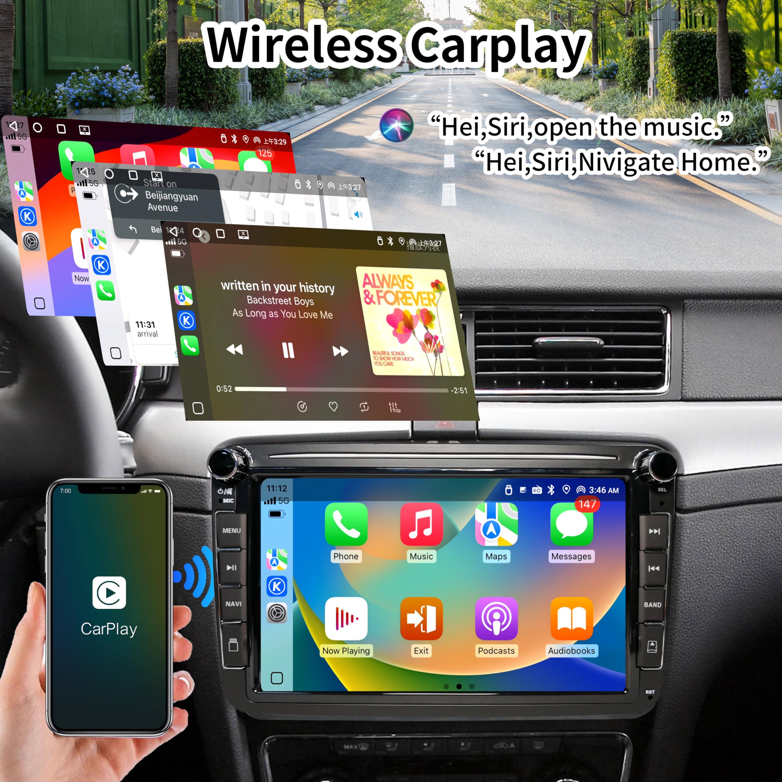 CarPlay Autoradio pour VW Golf 5 6 Passat Jetta Caddy Polo CC Tiguan EOS Touran T5 Skoda, 8 Pouces sans Fil Carplay & Android Auto, Puissance élevée/Bluetooth/FM/AM Radio/USB/DSP/RDS/SWC
