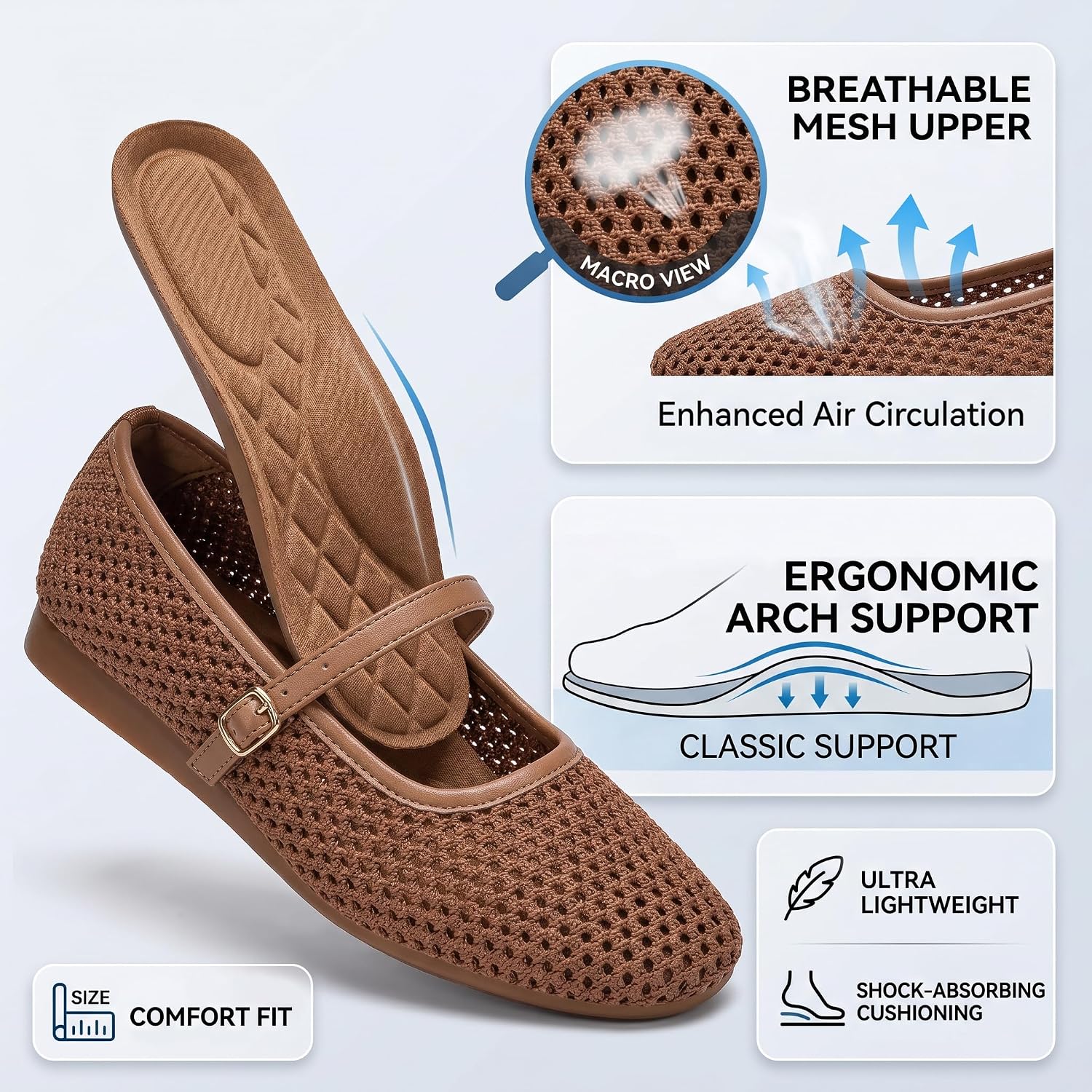 Buyrew Women's Mary Jane Flats Breathable Mesh Square Toe Ballet Flats with Arch Support Washable Non Slip Casual Dress Shoes for Work Office