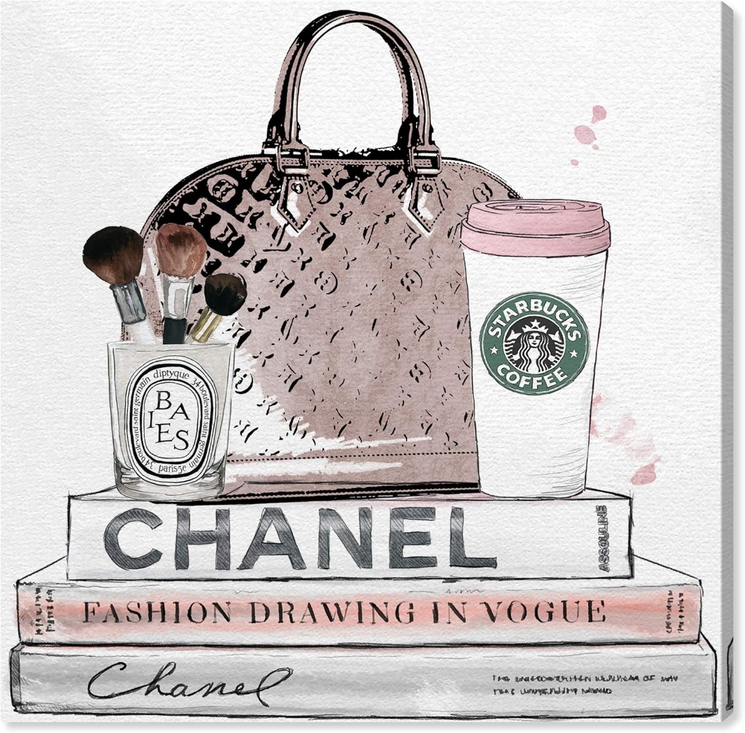 The Oliver Gal Artist Co. Blush and Make Up Brush | Modern Premium Canvas Print The Fashion Wall Art Decor Collection, 16" x 16", Pastel Pink