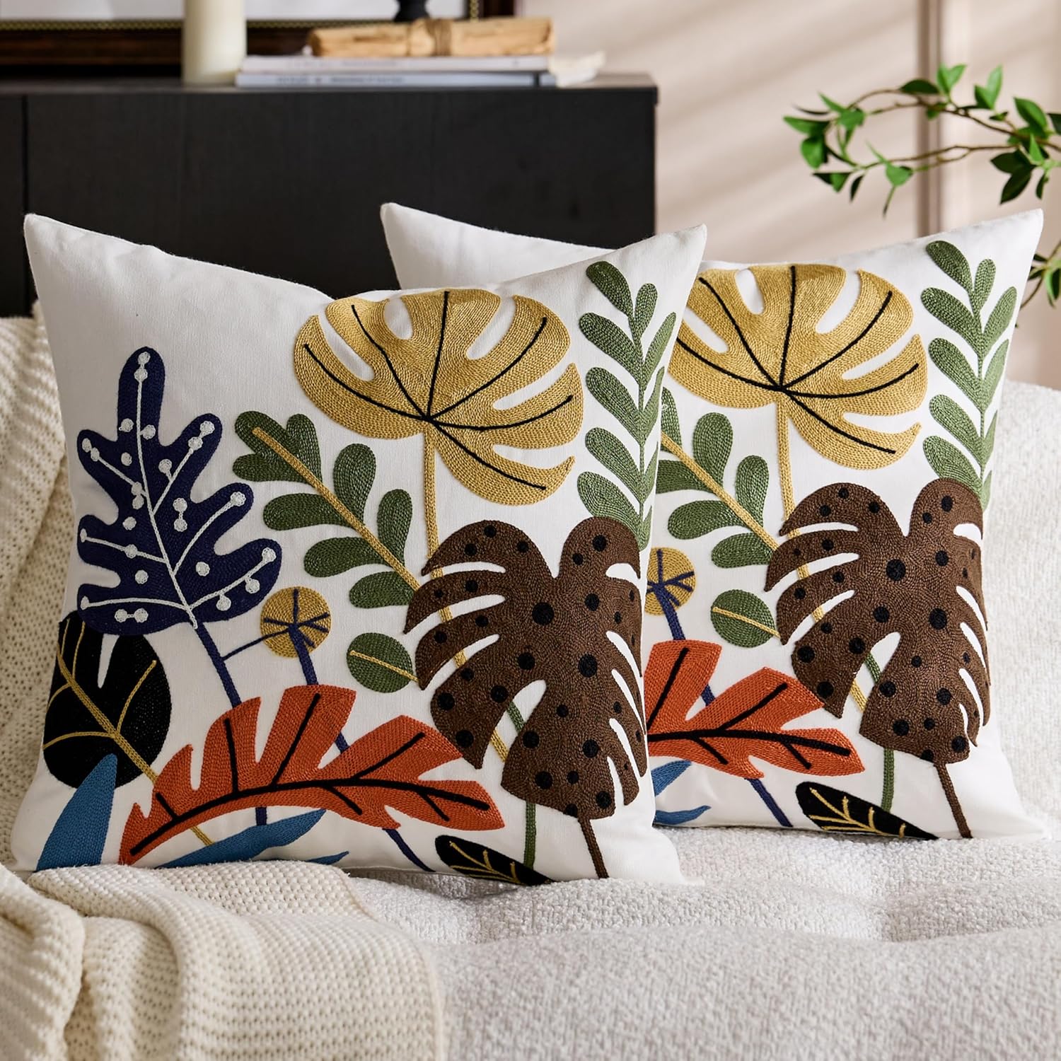 Embroidered Flower Throw Pillow Covers 18x18 Set of 2, Farmhouse Floral Decorative Cushion Cases with Zipper for Rustic Couch Bed Aesthetic (Tropical Flower, 18" x 18" (Pack of 2))