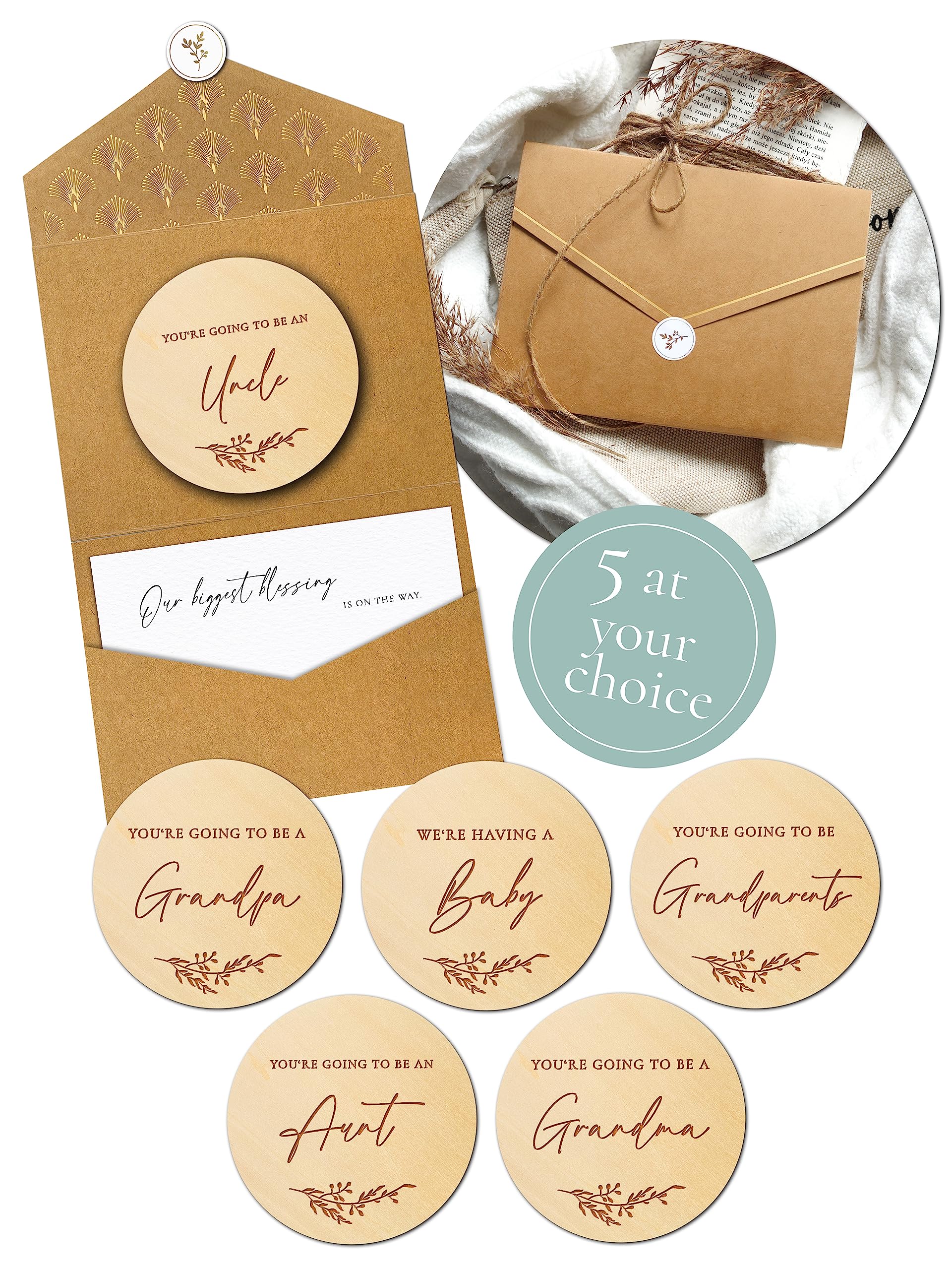 Joli Coon 5 at your choice - Pregnancy announcement wooden card - With pocketfold envelope and seal sticker - Baby announcement โ image 1