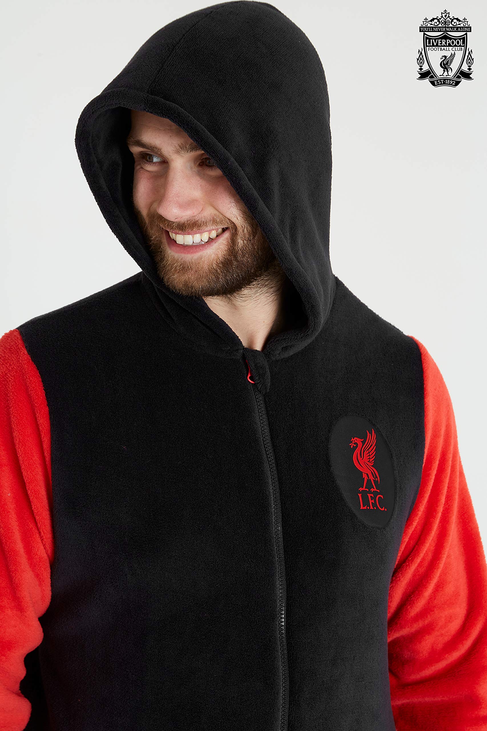 Liverpool F.C. Combinaison Pyjama Homme - Grenouillère Adulte en Polaire Douce avec Capuche Taille S, M, L, XL, 2XL et 3XL - Liverpool Football Club Officiel