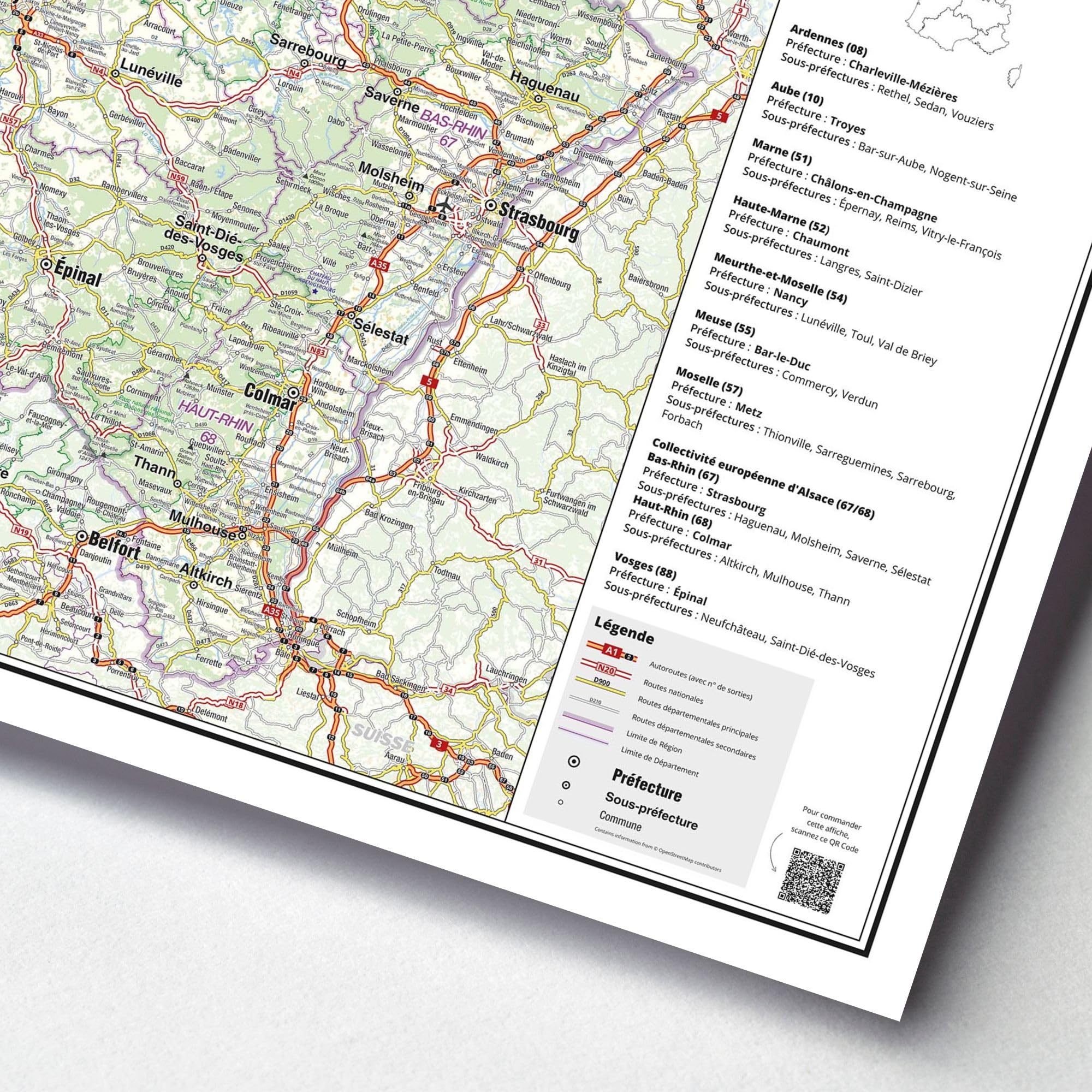 Carte routière de la région Grand Est - Poster plastifié 100x70 cm - Édition 2026