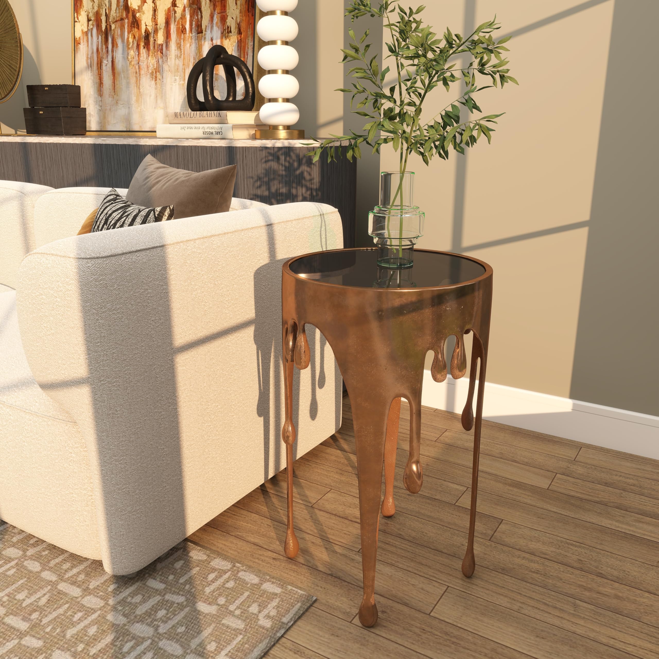 deco 79 Aluminum Metal Abstract Accent Table, Table 16" x 16" x 25", Copper | Accent table, drip end table with melting designed legs and black glass top, unique end table, living room decor