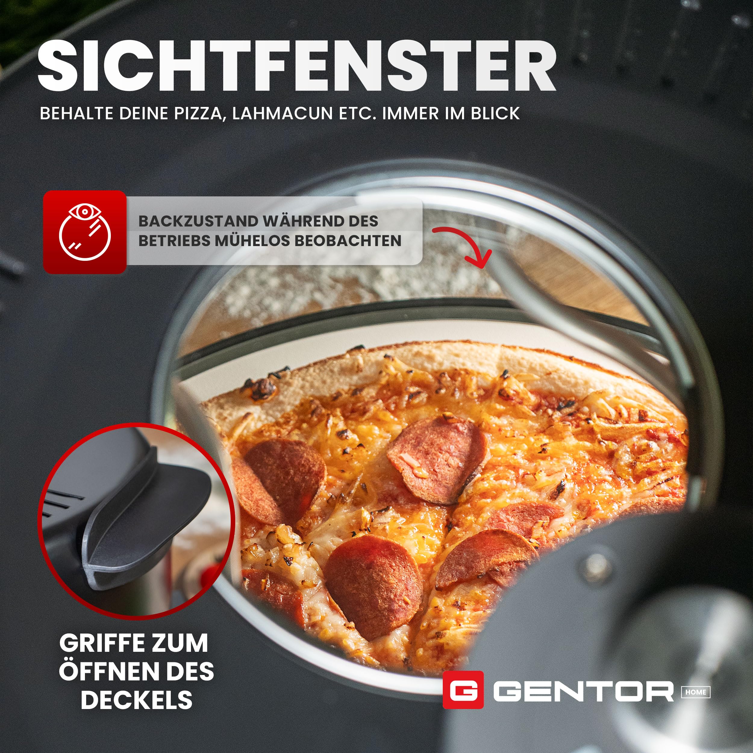 Pizzaofen elektrisch mit Pizzastein & Sichtfenster – 1600 Watt, bis 400 °C – Pizza Maker Ofen für Zuhause & Outdoor – Mini Backofen mit Ober- und Unterhitze – Pizzamaker Elektro mit Zubehör
