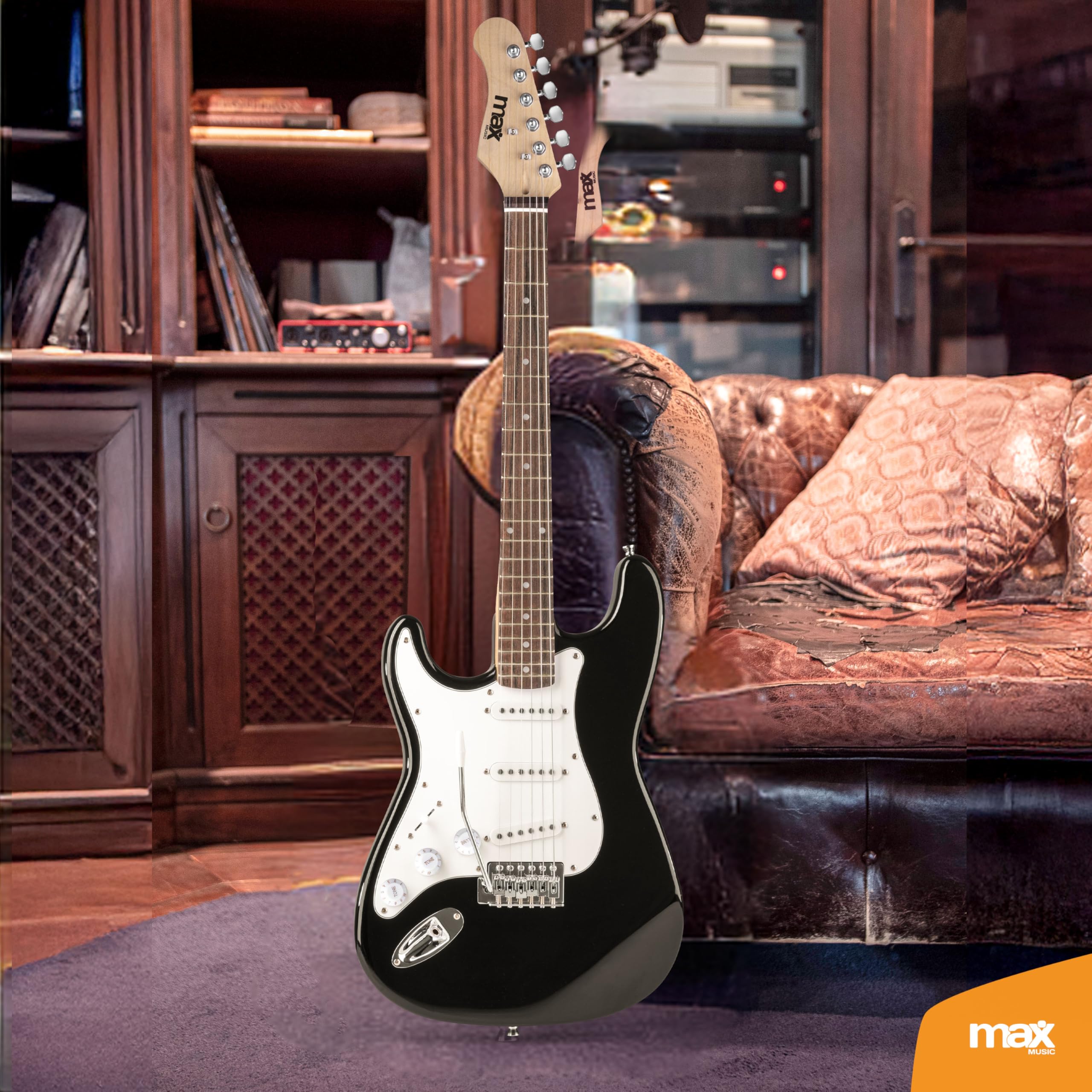 MAX GIGKIT Guitare Électrique Gaucher Noire - Pack Complet Débutant avec Ampli 40 Watts, Nombreux Accessoires Inclus, Housse, Accordeur, Sangle, Médiators, Cordes, Idéale pour les Débutants