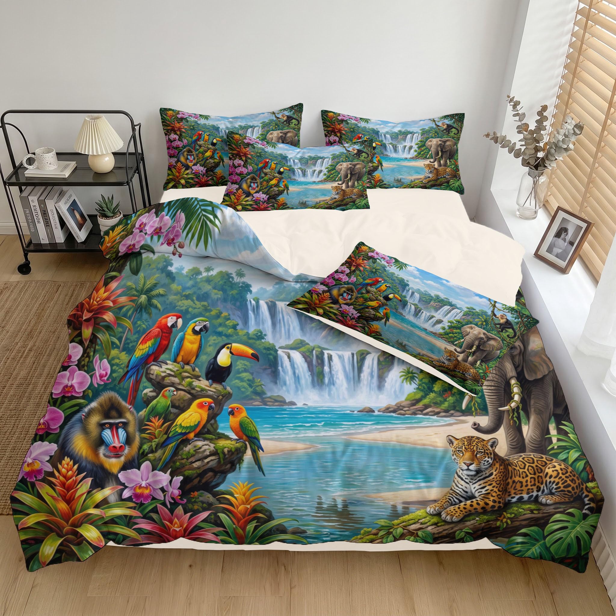 Housse de Couette 140x200cm pour 1 Personne Paysage Rivière Cascade | Parure de Lit Réversible Jungle Tropicale Fantastique, Ensemble de Literie en Microfibre Douce avec 1 Taies d'oreiller