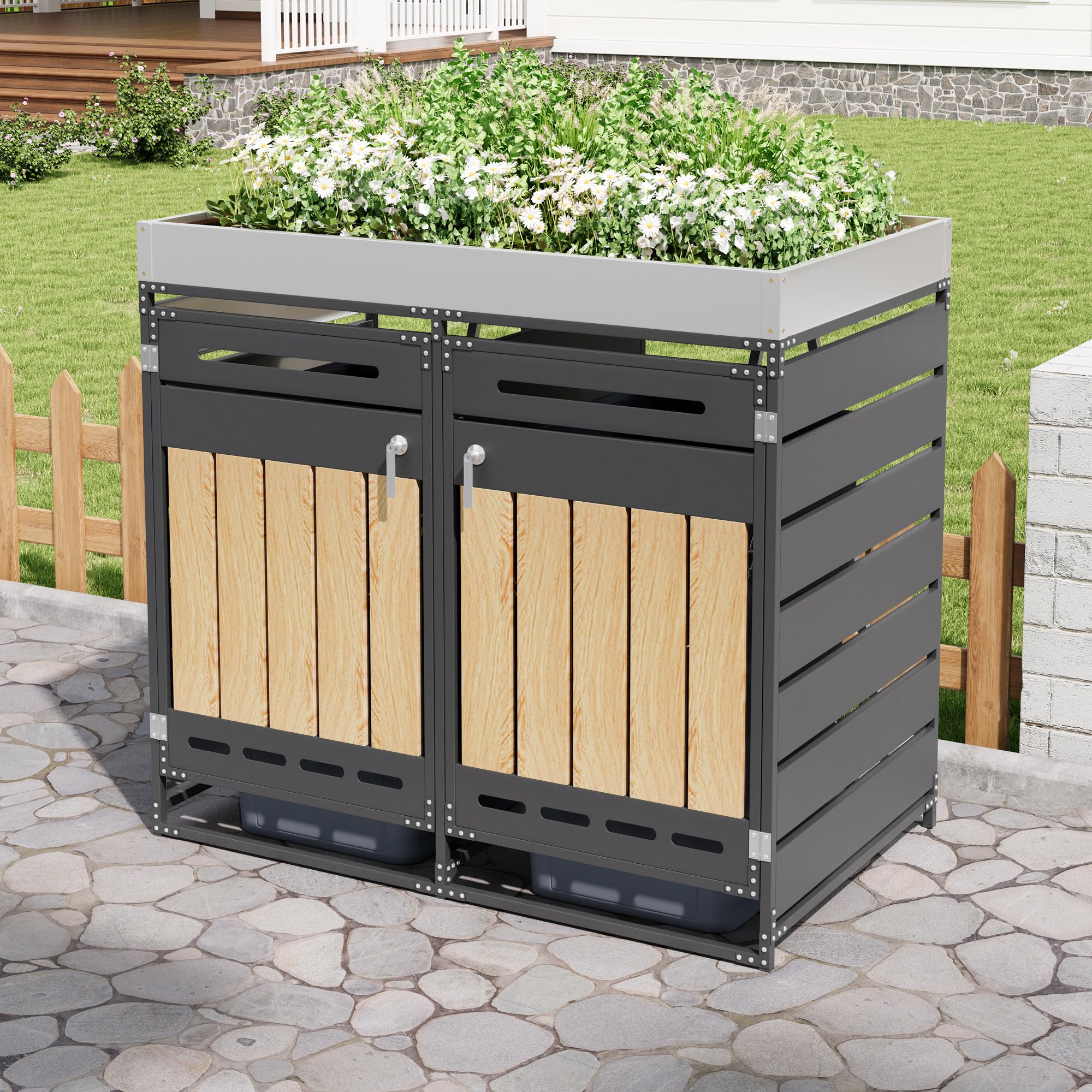 Merax Cubo de basura con 2 puertas, con jardinera, armario de almacenamiento de hierro para jardín, revestimiento de cubo de basura con cerradura para 2 toneladas, resistente a la intemperie y a la