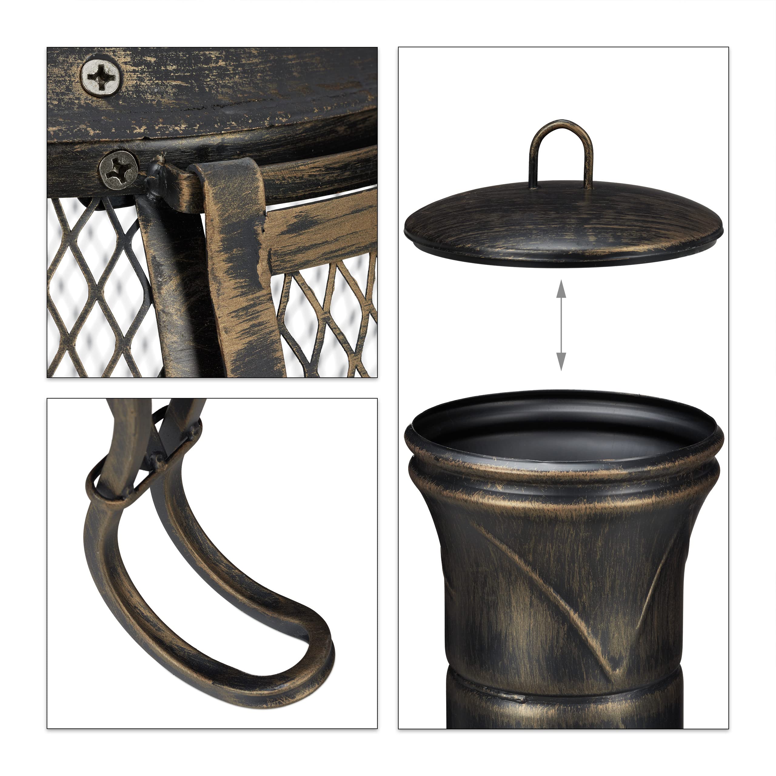 Relaxdays Terrassenofen, Stahl & Gusseisen, HxD: 88x36 cm, Gartenkamin Funkenschutz, Chiminea, Aztekenofen, schwarz/Gold