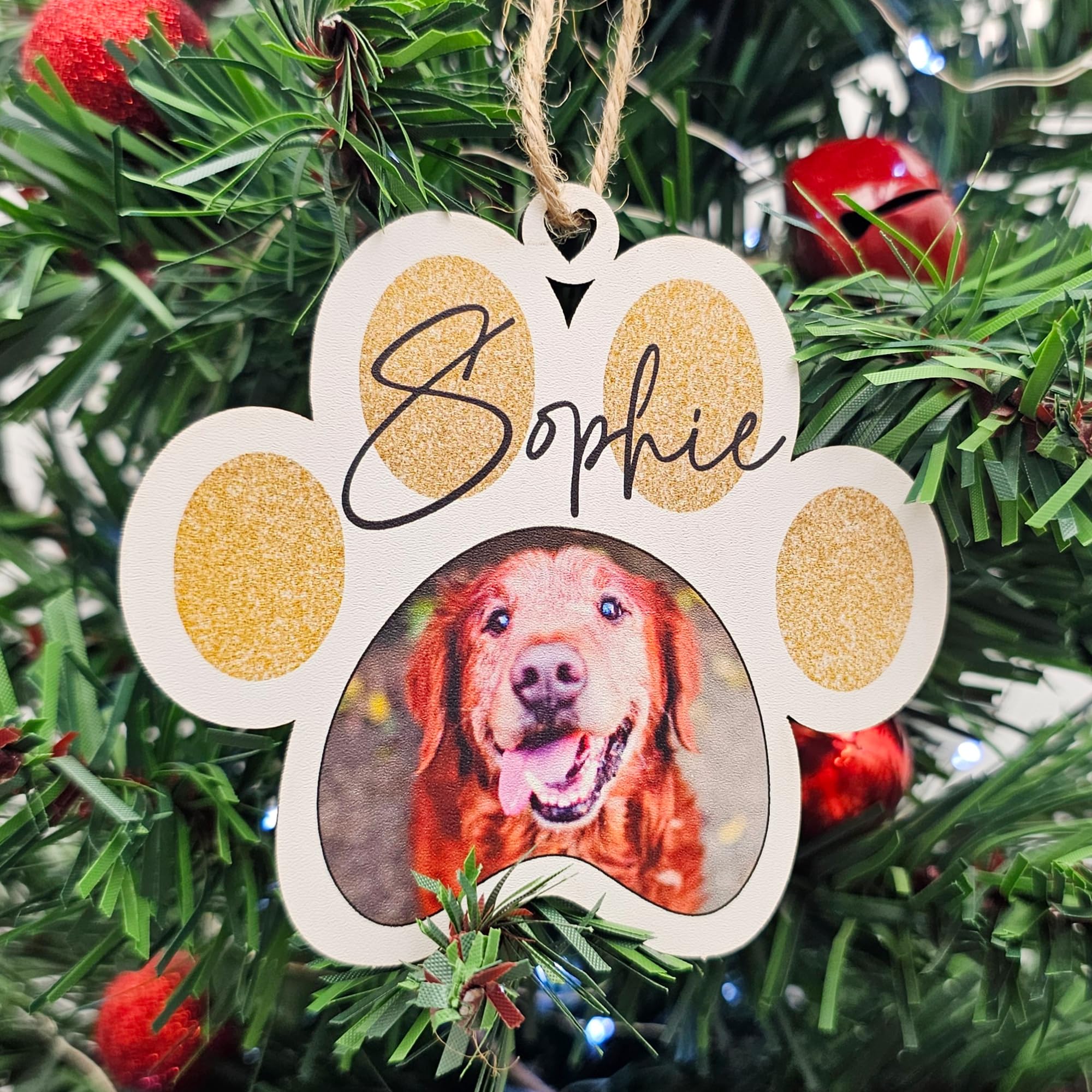 Personalised Photo Christmas Decoration - Customisable Bauble for Pet Lovers, Heartwarming Keepsake for the Holidays, (Gold, Mdf Wood Indoor Use Only 10cm x 9cm)