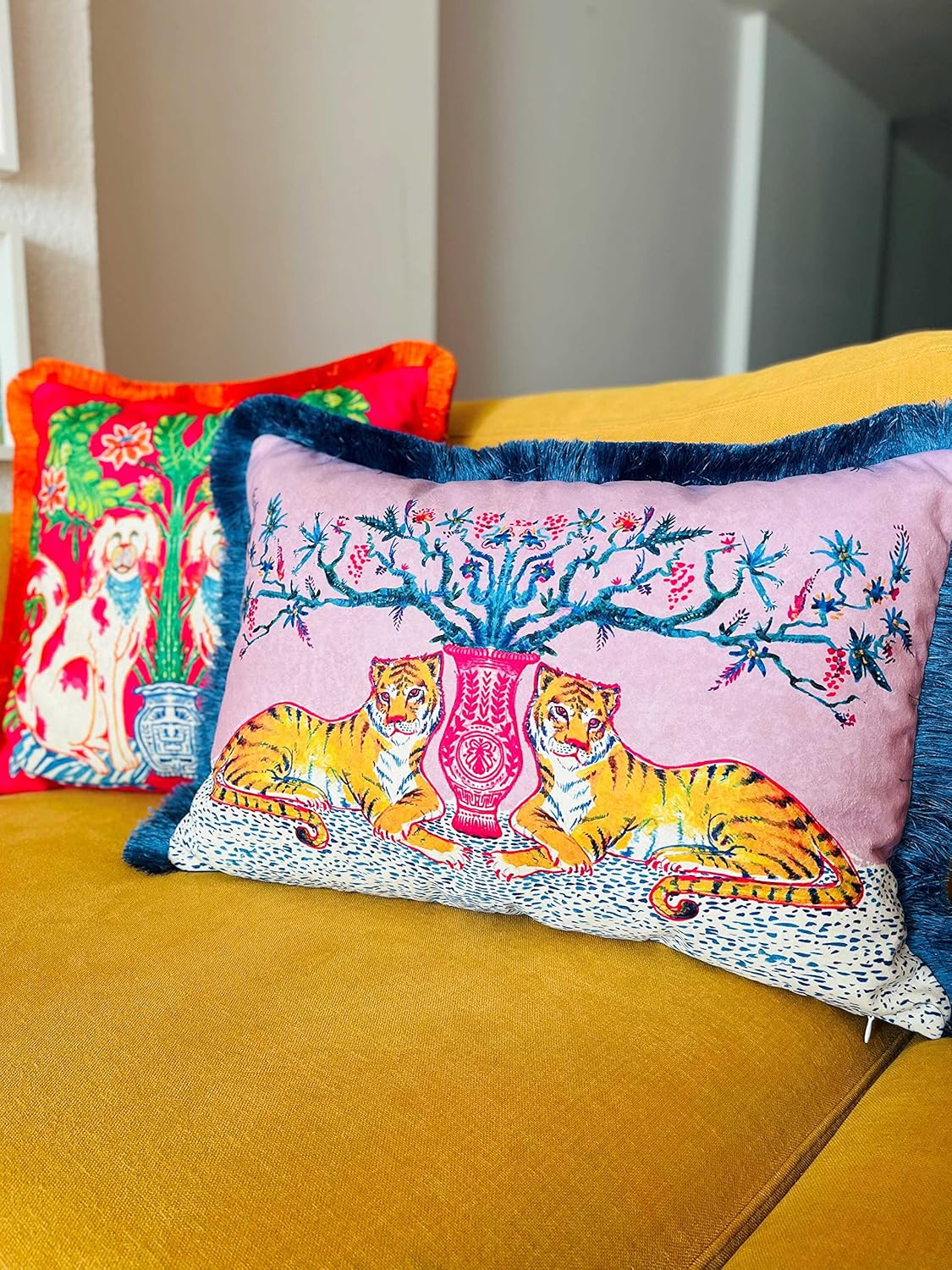 Tiger Pattern Throw Pillow Cover - Pink Velvet Pillow Case - Decorative Petrol Blue Tassel Cushion - Unique Home Decor Pillow - Animal Print Pillow