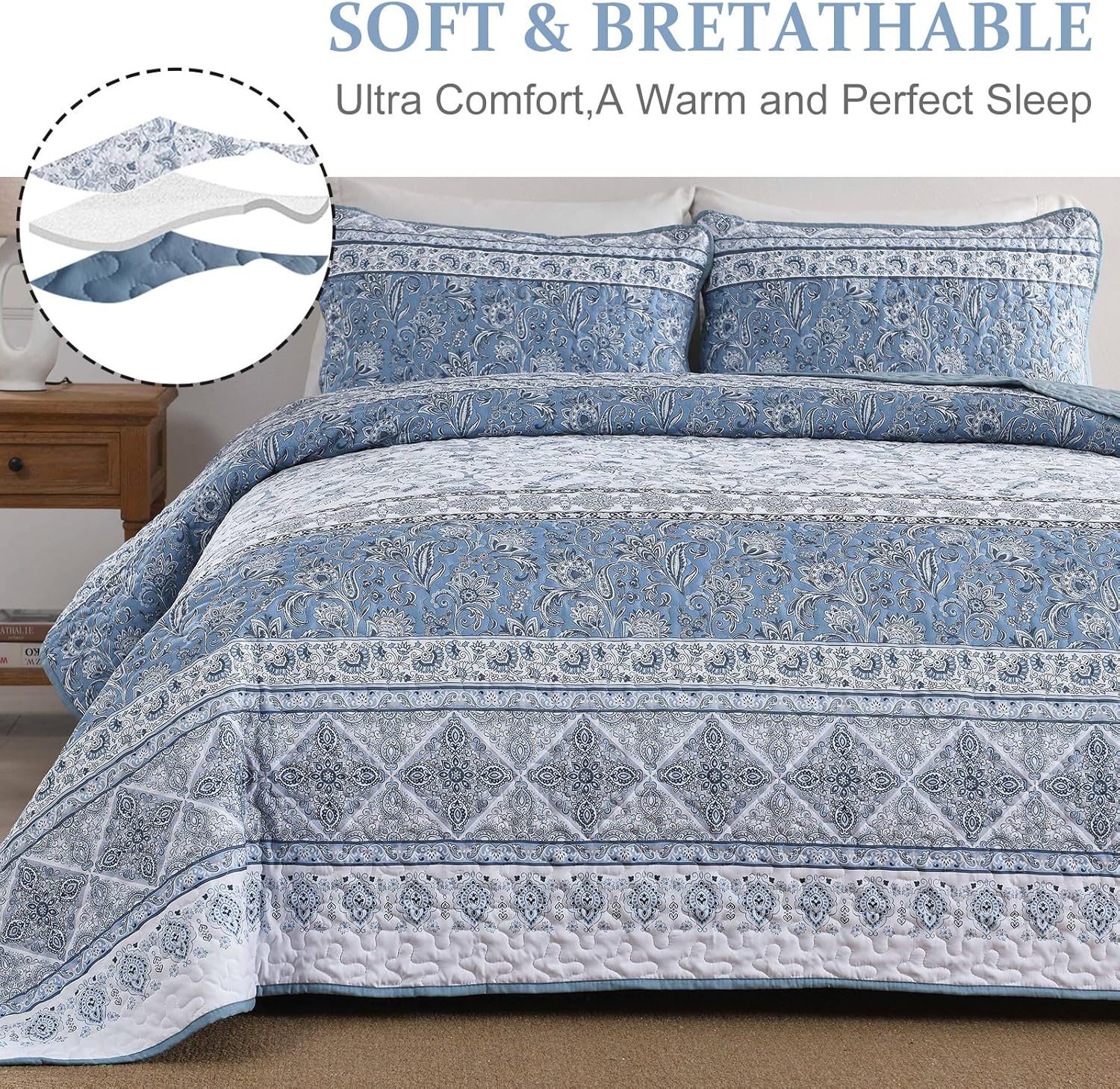 Yiran Blue Boho Quilt Set Queen Size Striped Bedspread Floral Bedding Set 3 Pieces Soft Microfiber Paisley Quilt with 2 Pillow Shams 96" x90'' - Image 5