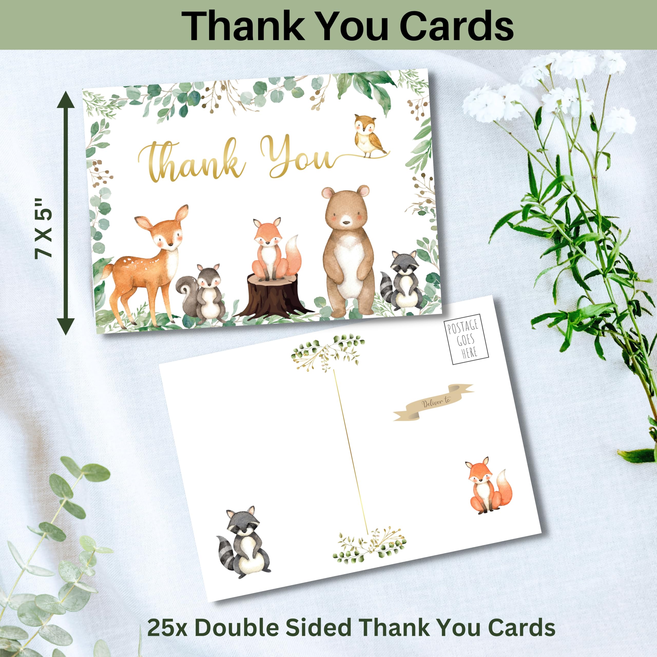 153 invitaciones para baby shower del bosque para niño y niña con sobres, tarjetas de agradecimiento para bebé, tarjetas de solicitud de libro, caja de rifa de pañales con boleto y letrero, juego de