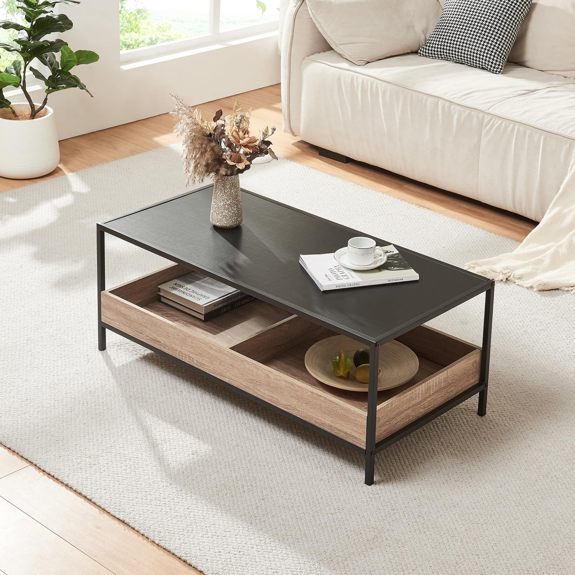 [en.casa] Couchtisch Belana Wohnzimmertisch 100 x 48 x 39 cm Sofatisch mit 2 Ablagefächern rechteckig Kaffeetisch Metallgestell Schwarz/Eicheoptik