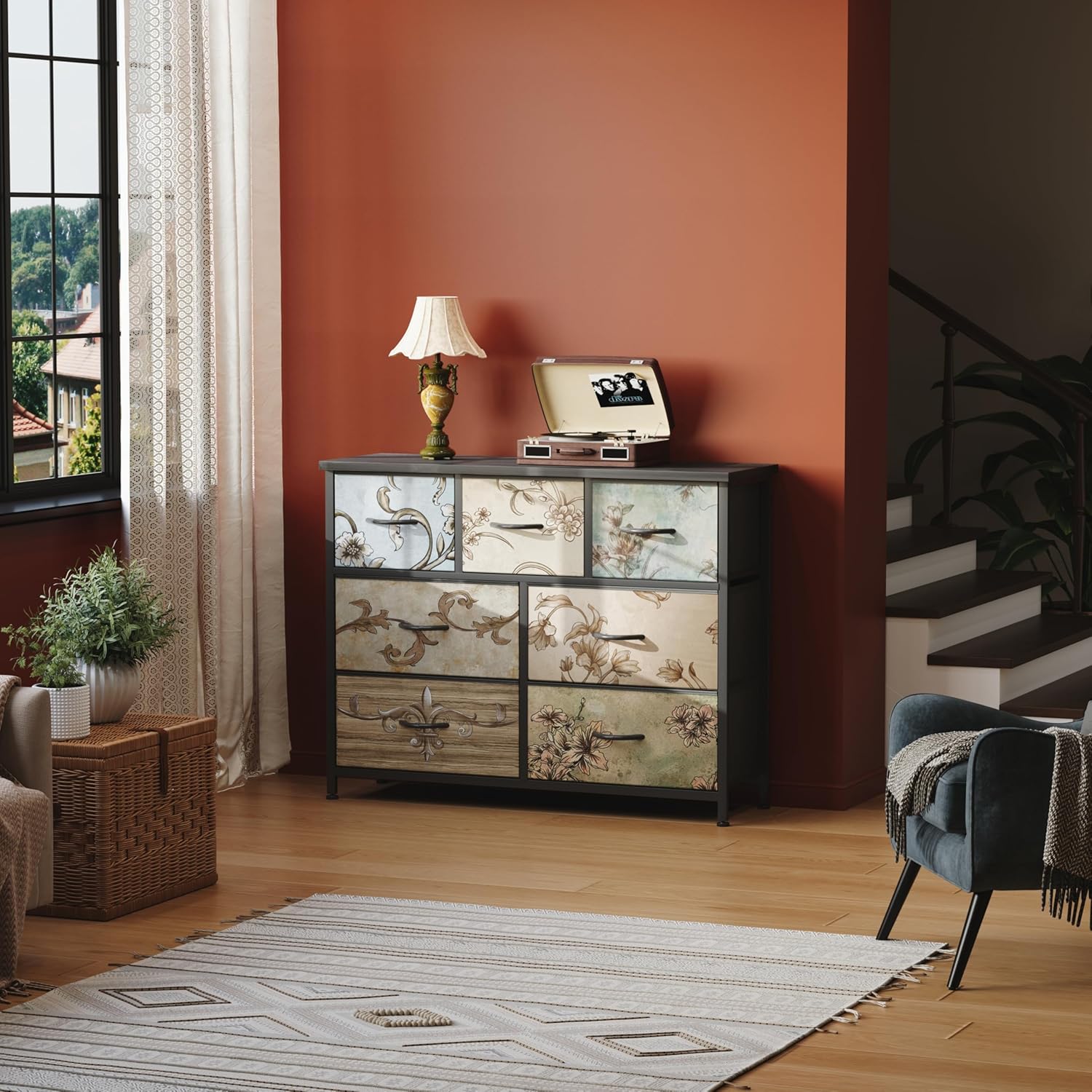 MUTUN Drawers Dresser for Bedroom,Wide Chest of Drawers for Closet, Clothes, TV Stand with Storage Drawers, Wood Board, Fabric Drawers,Floral Painted (7 Drawers)