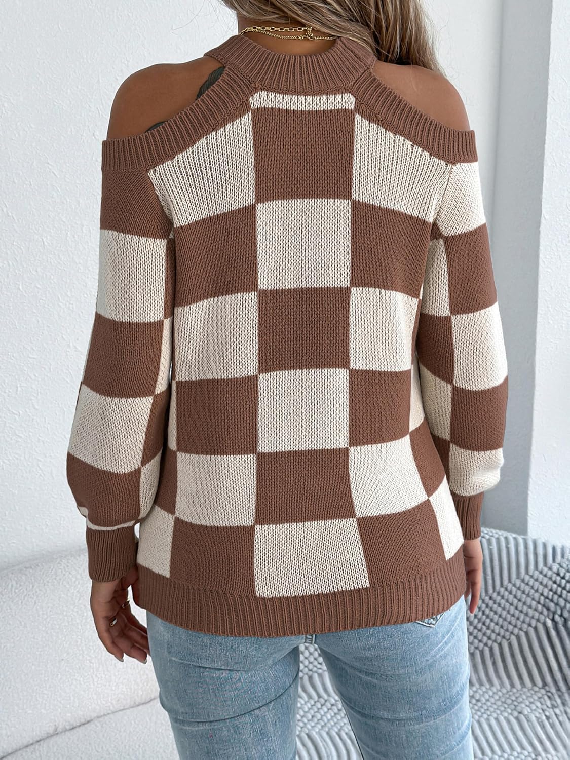 LemonGirl Off Shoulder Sweater Women Checkered Knit Pullover Round Neck Long Sleeve Autumn Casual Top - Image 5