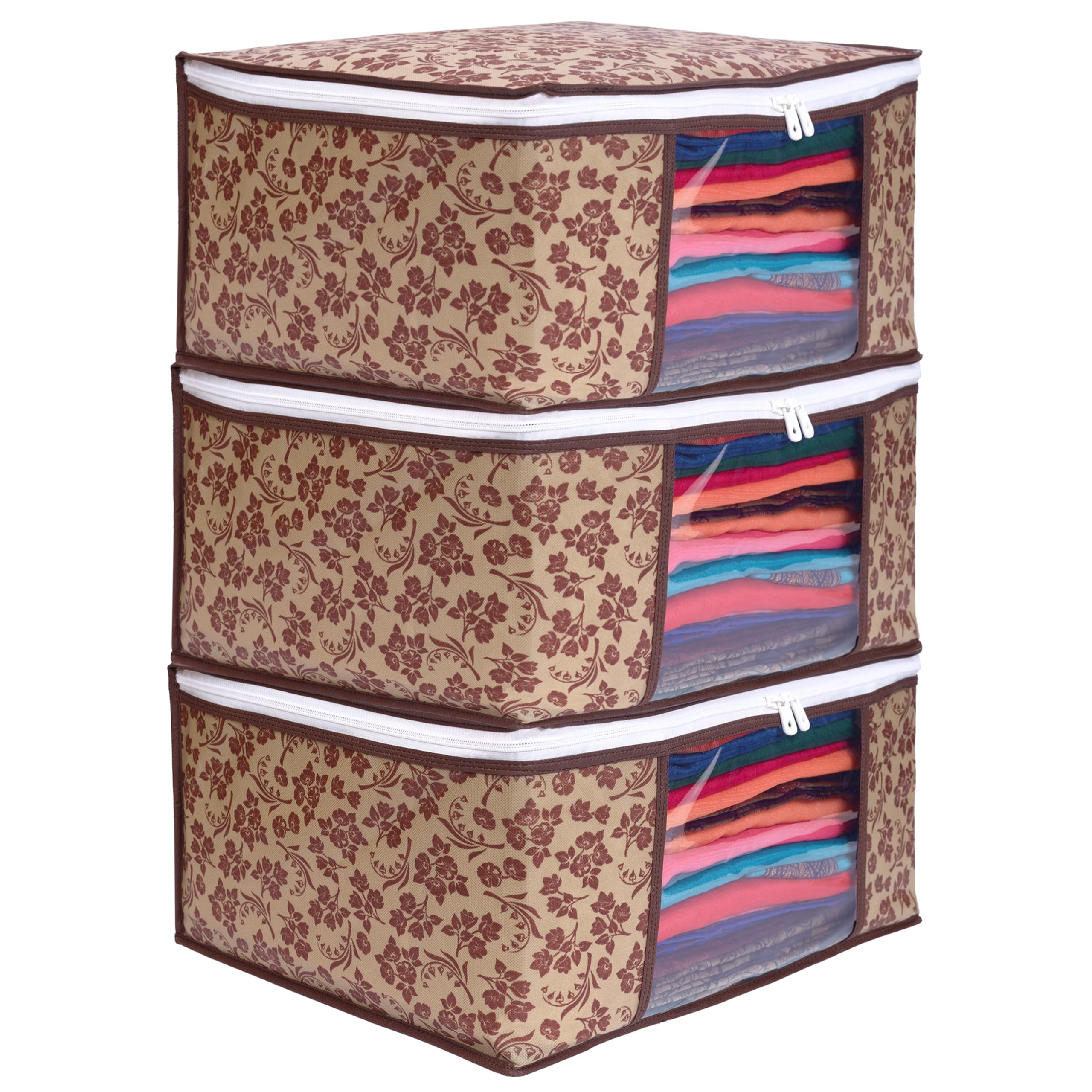 LAXIS Saree Covers With Zip Non-Woven Printed Saree Cover/Saree Organizer For Wardrobe/Cloth Storage/Organizer With Transparent Window/Saree Bags Storage/Clothes Organizer (Brown- Pack of 3) (B0CTB2YDJS) Amazon Price History, Amazon Price Tracker