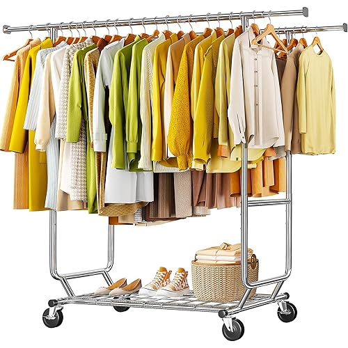 Raybee Clothes Rack Load 620 LBS, Metal Garment Storage with Shelf & Sturdy Wheels, Rolling Clothing Rack for Bedroom Laundry Room, Portable Commercial Garment Rack
