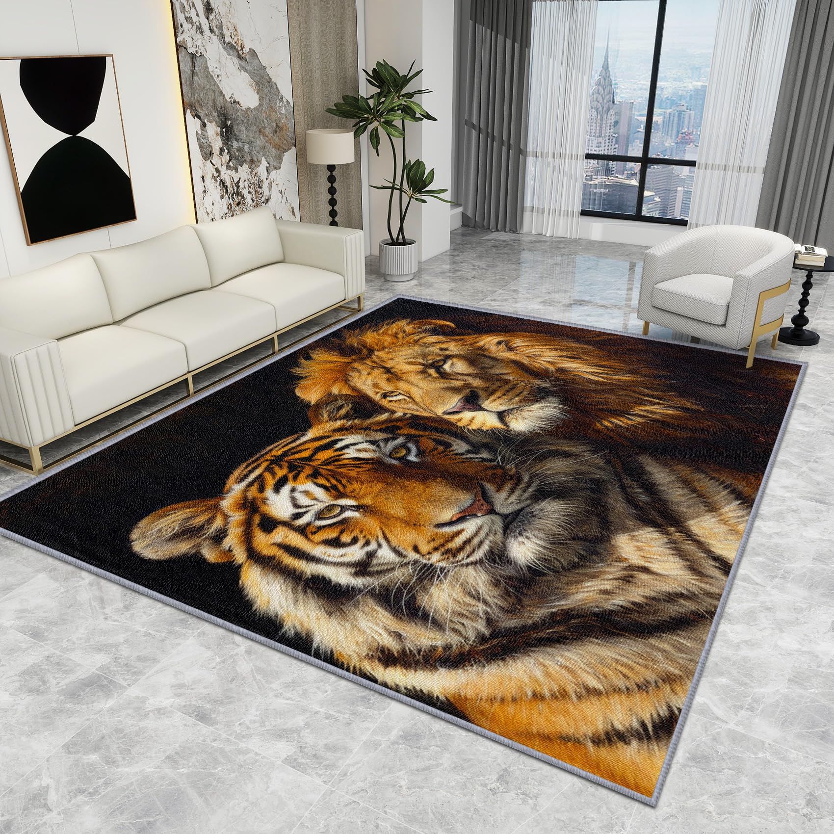 Wildlife Animals Rug Children - Tiger and Lion Rug - African Animal Rugs, African Animal Carpet, Washable Rug Non Slip Low Pile Soft Large Area Rugs, Tiger and Lion Home Decor Gifts, 120 X 180 cm — image 1
