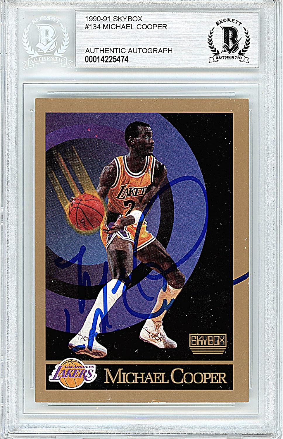 Michael Cooper Autographed 1990 1991 Skybox #134 Basketball Trading Card Slab Beckett BAS Authentic Slabbed COA Played For Los Angeles Lakers NBA