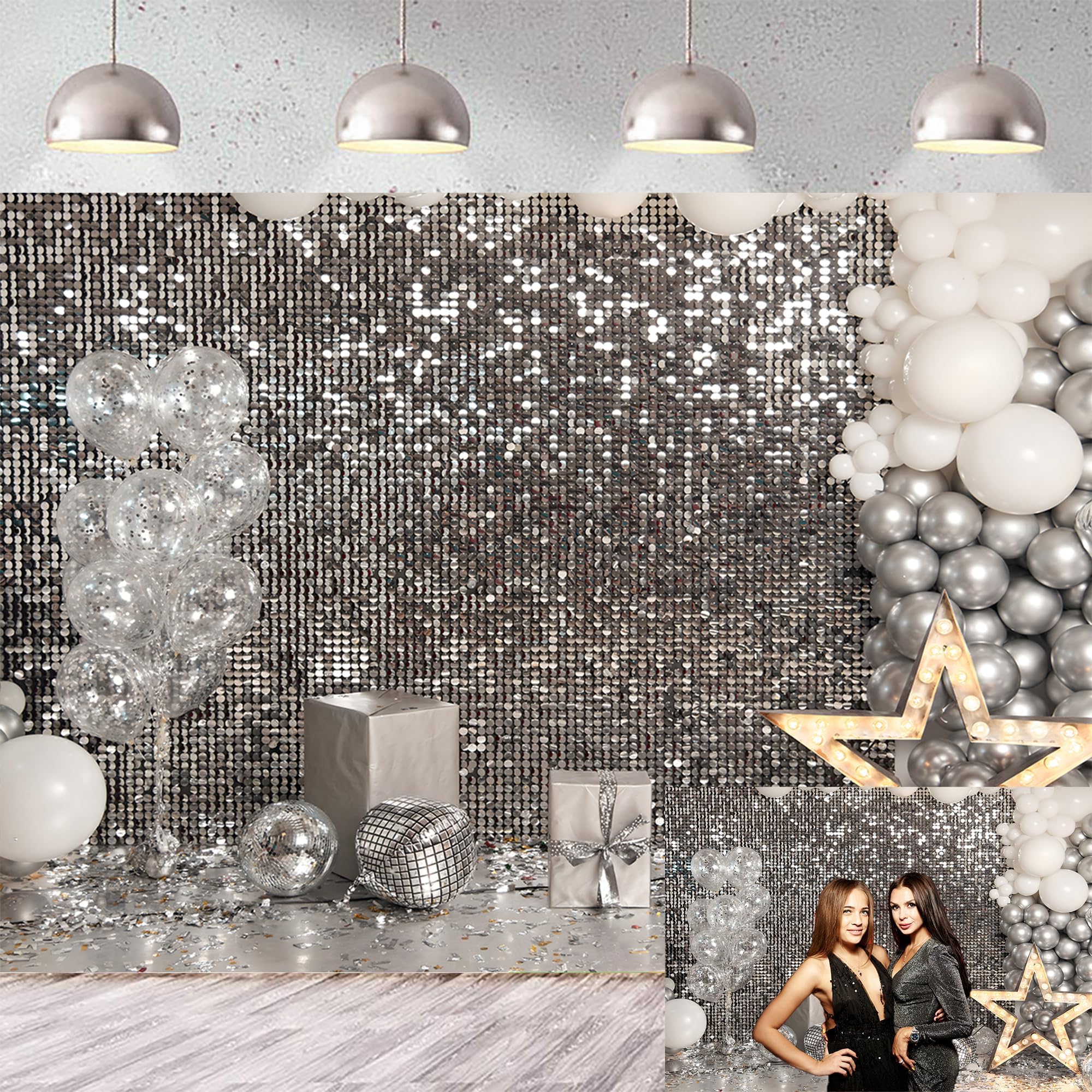 Silver Sequin Wall Backdrop 8x6FT Glitter Sliver Shimmer Disco Photography Background Wedding Baby Shower Birthday Prom Party Decorations Photo Props