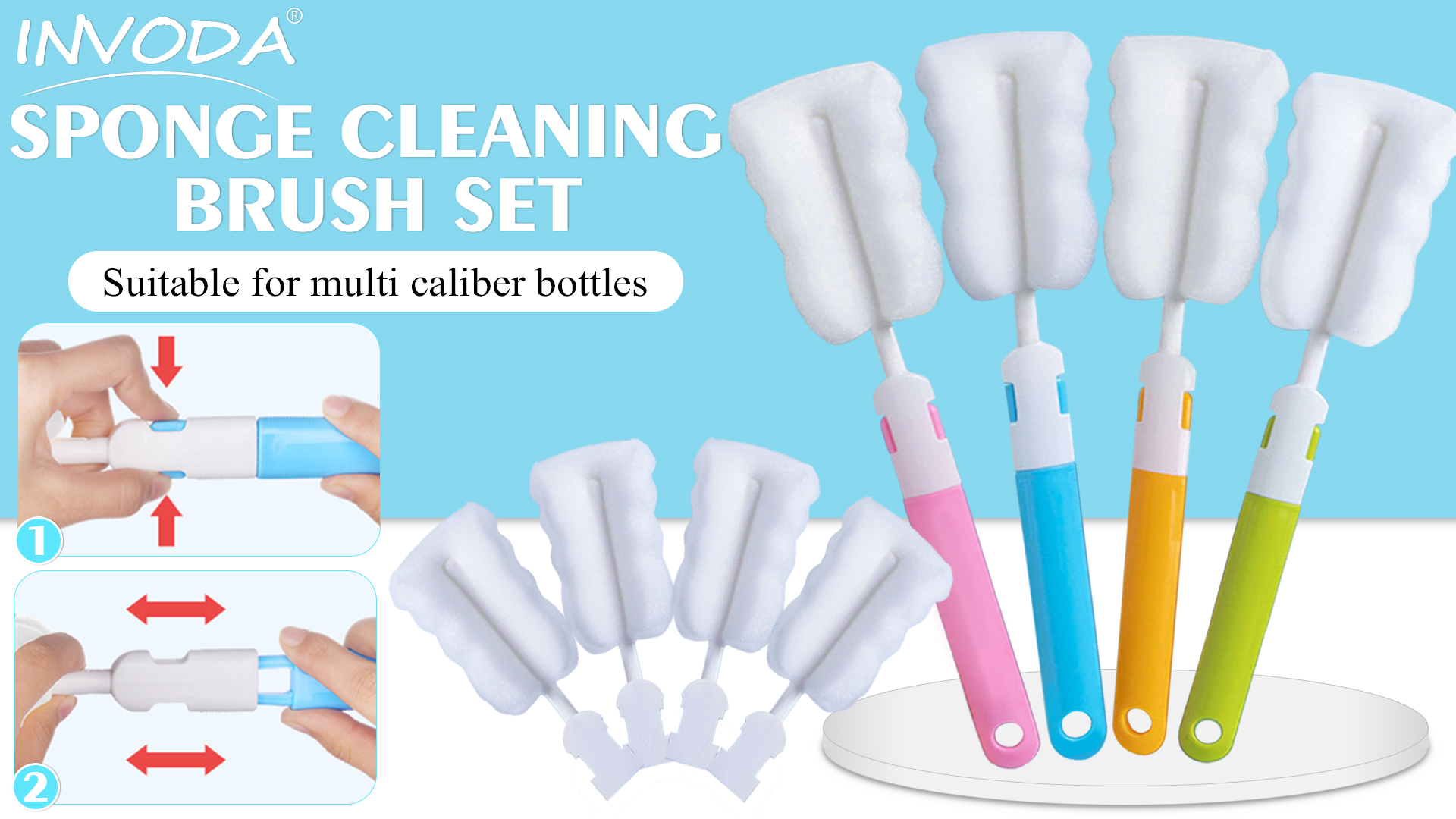 Bottle Brush Sponge Cup Brush Set with 4 Replacement Brush Head
