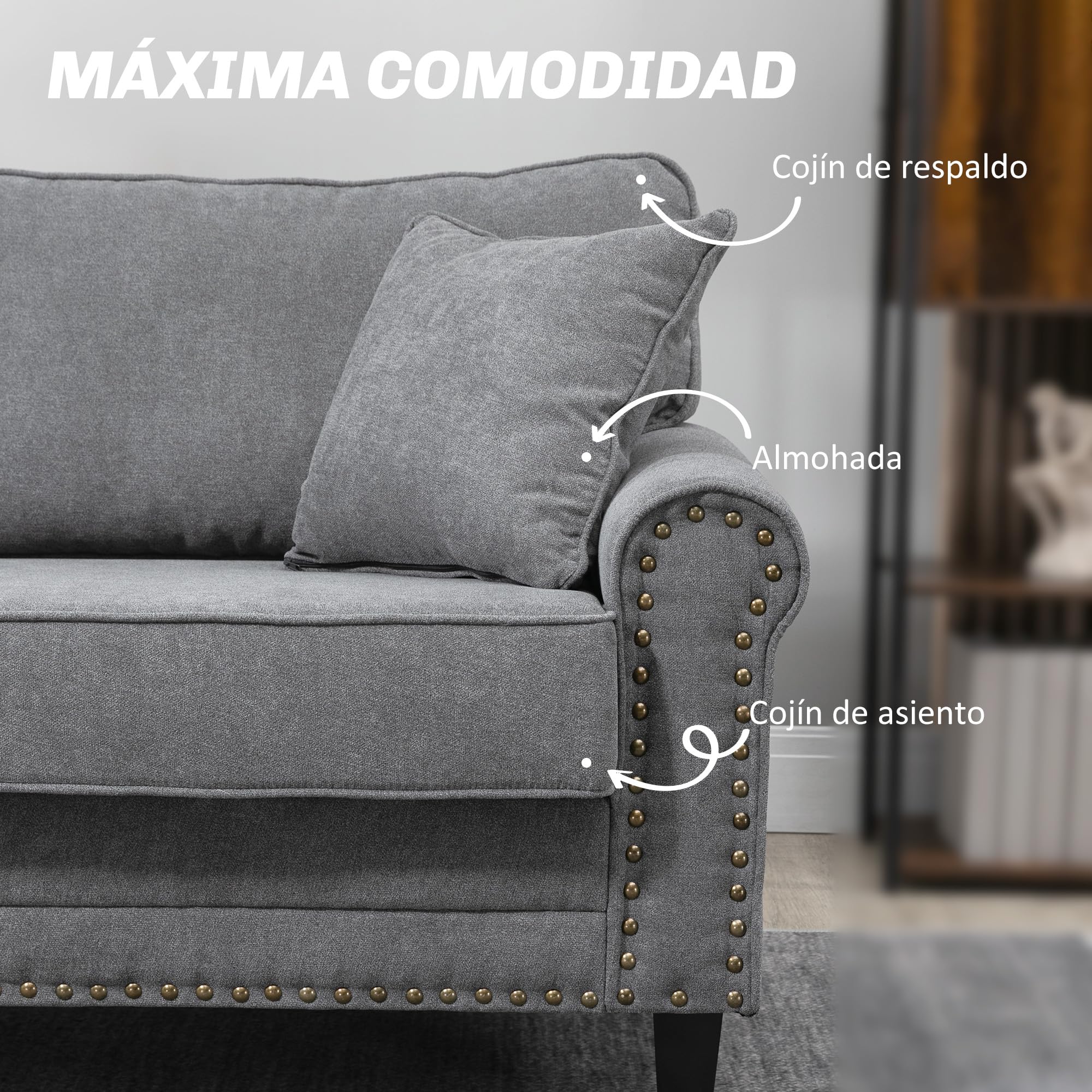 HOMCOM Sofá de 3 Plazas Sofá de Salón Estilo Moderno 196x80,5x89 cm Gris | Tapizado en Poliéster, con 2 Cojines, Ribete de Cabeza de Clavo, Patas de Madera de Caucho