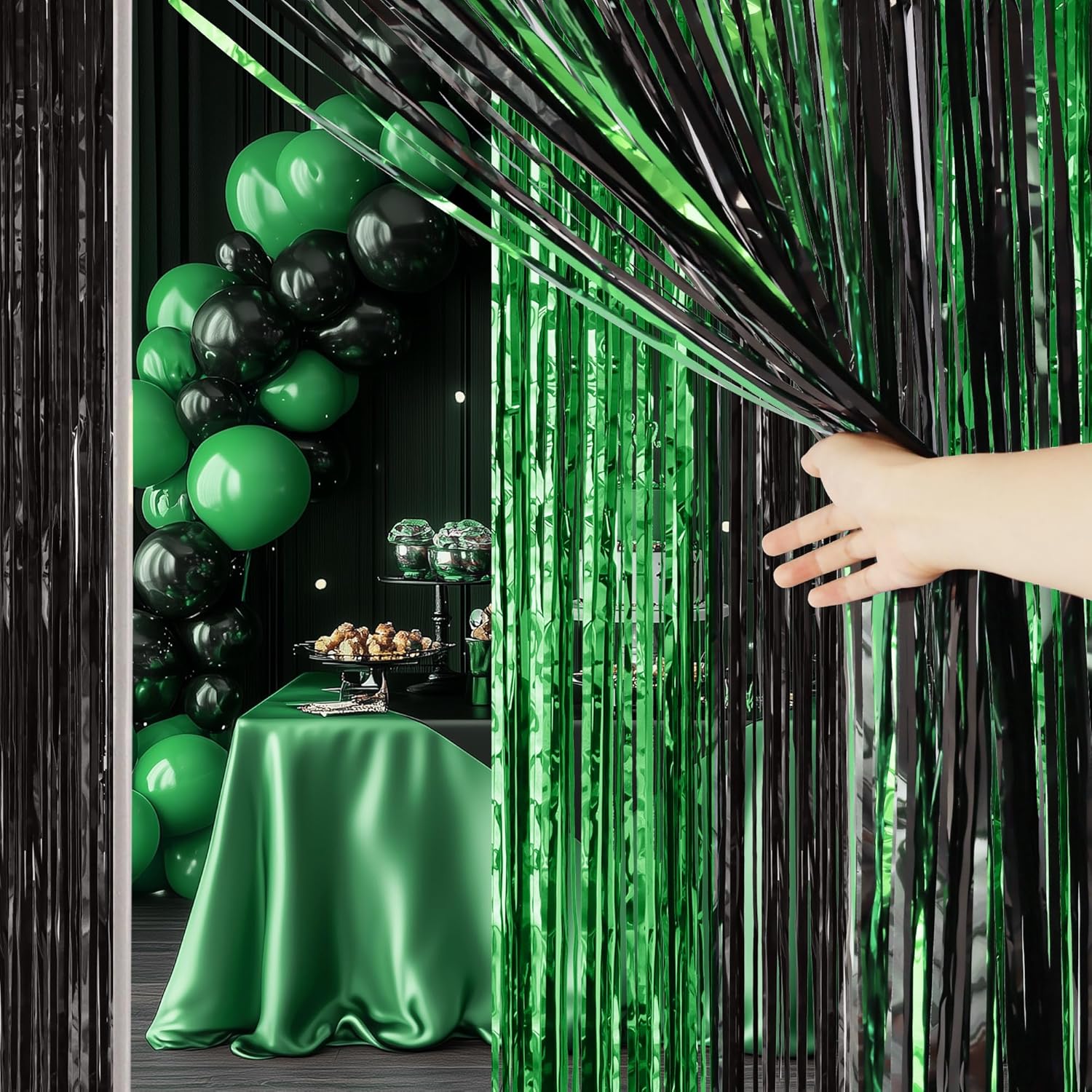 2 Pack Green & Black Fringe Backdrop, 3.2x8.2ft Shining Foil Tinsel Curtains, Birthday Party Decorations Door Streamers for Halloween, Christmas, Wedding, Graduation, Holiday, Theme Events - Image 8