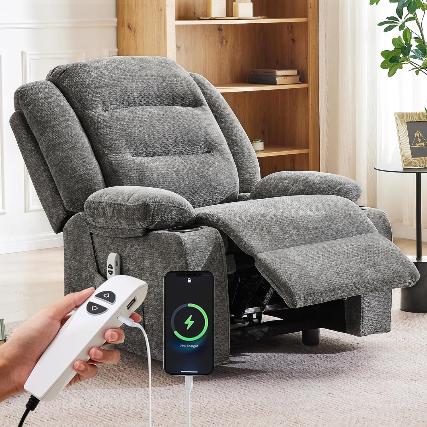 Power Recliner Chair for Adults, Electric Reclining Chair with Cup Holders, Home Theater Seating Lounge Chair for Living Room (Grey)