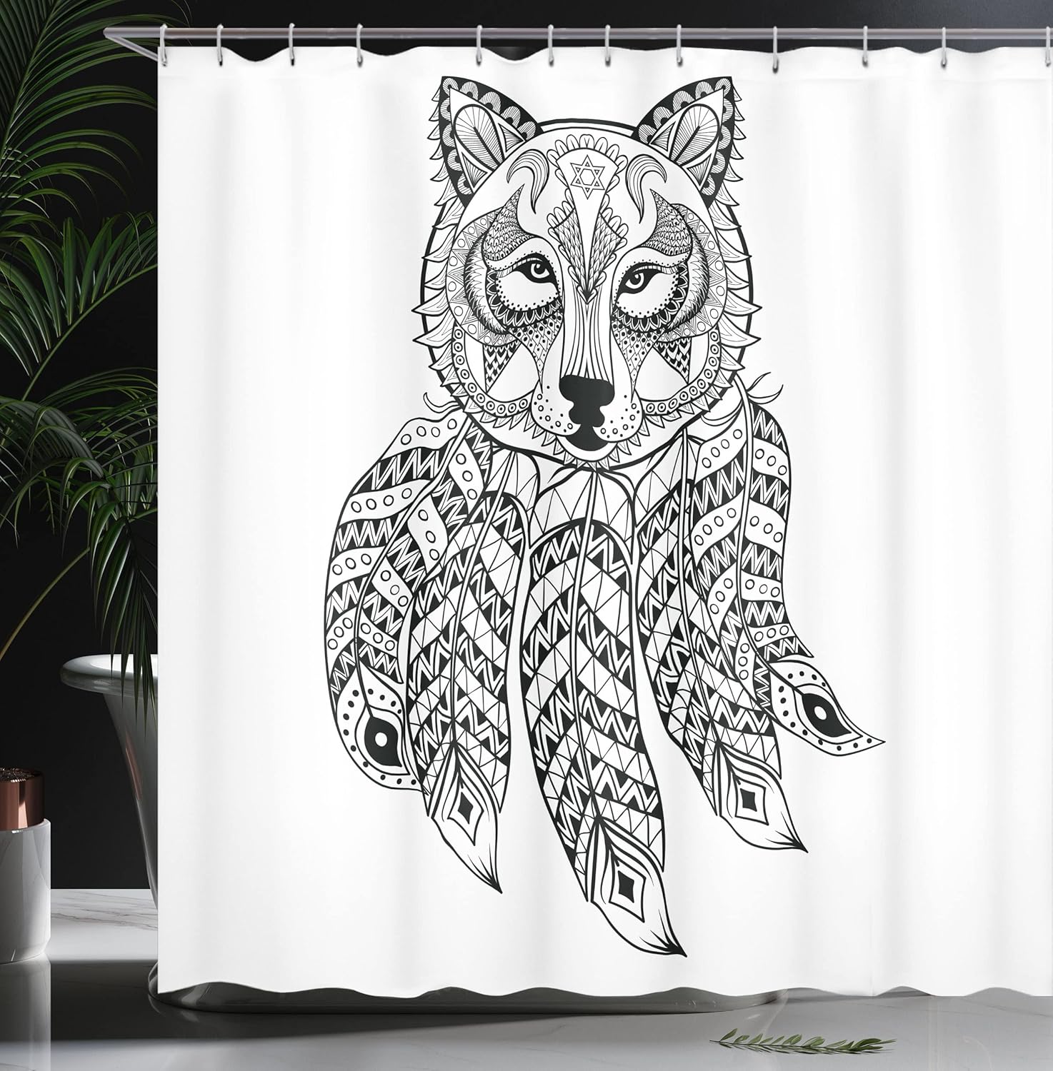 Ambesonne Tribal Shower Curtain, Native American Style Ethnic Wolf Head with Feathers and Paisley Details Print, Cloth Fabric Bathroom Decor Set with Hooks, 69" W x 70" L, White and Black
