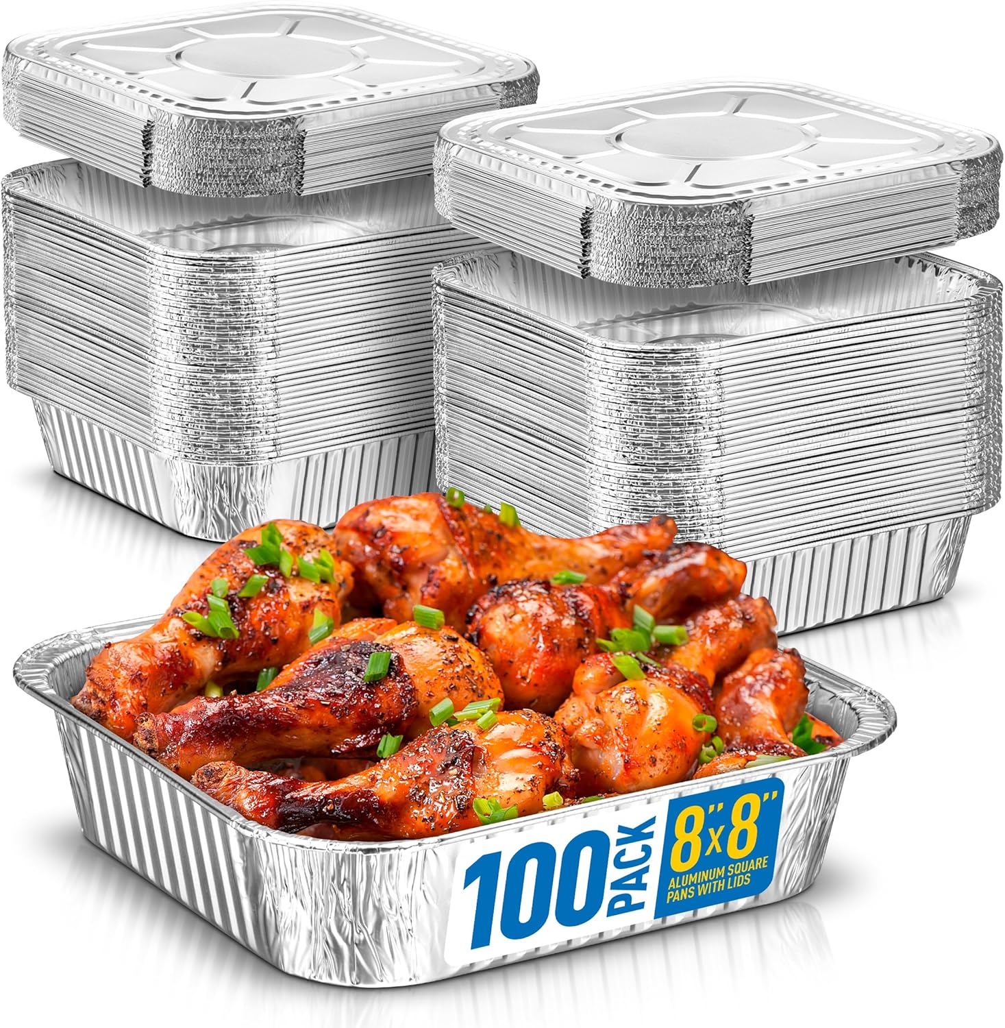 Diplastible Aluminum Pans with Lids - Pack of 100 - Disposable 8x8 Foil Pans, Cake Pan, Brownie, Lasagna - Heavy Duty, Oven Safe Meal Prep Containers for Cooking, Serving Food, Catering