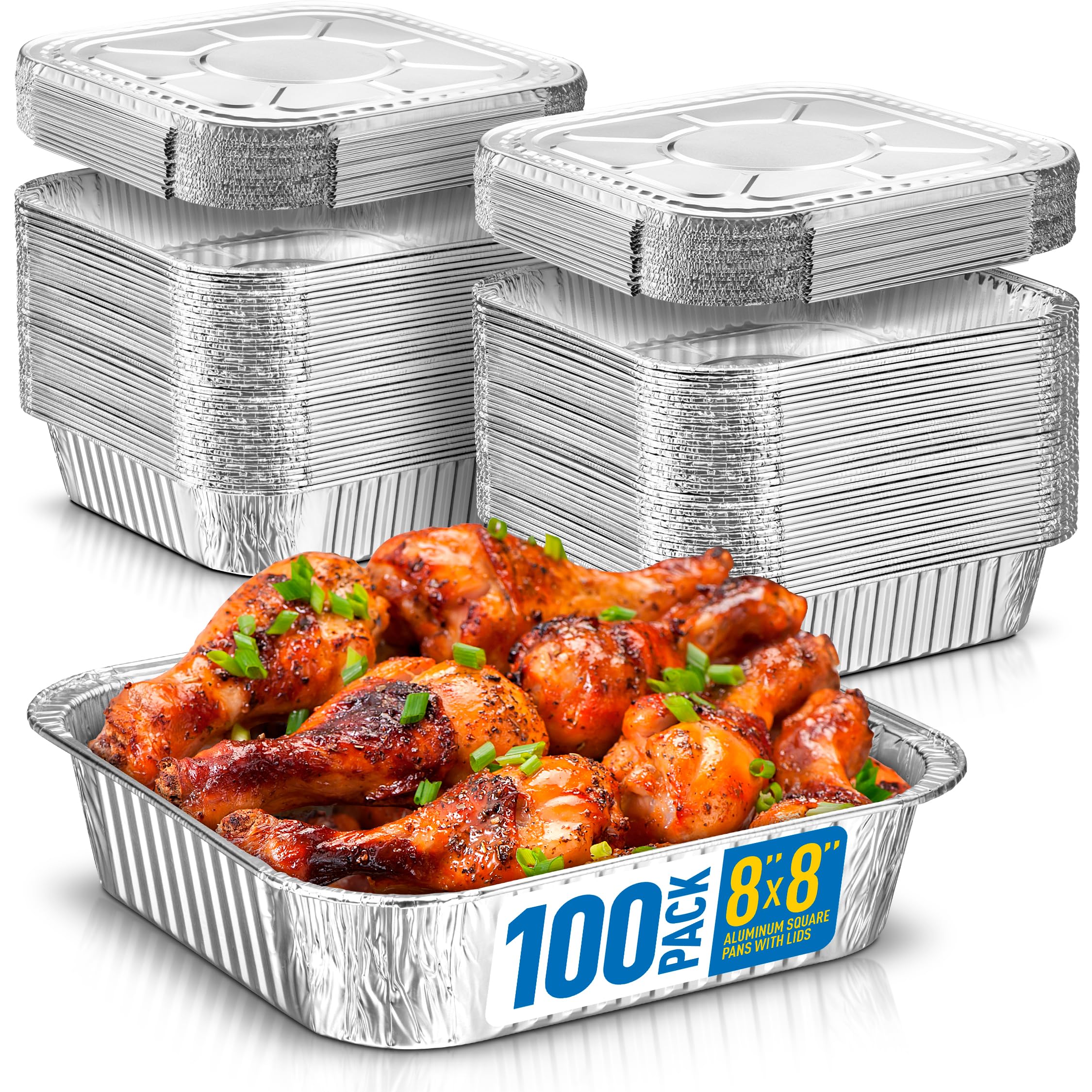 8x8 Disposable Aluminum Pans With Lids - 100 Pack Foil Pans For Cooking, Baking Cakes, Roasting &amp; Homemade Breads - Disposable Food Containers With Foil Lids