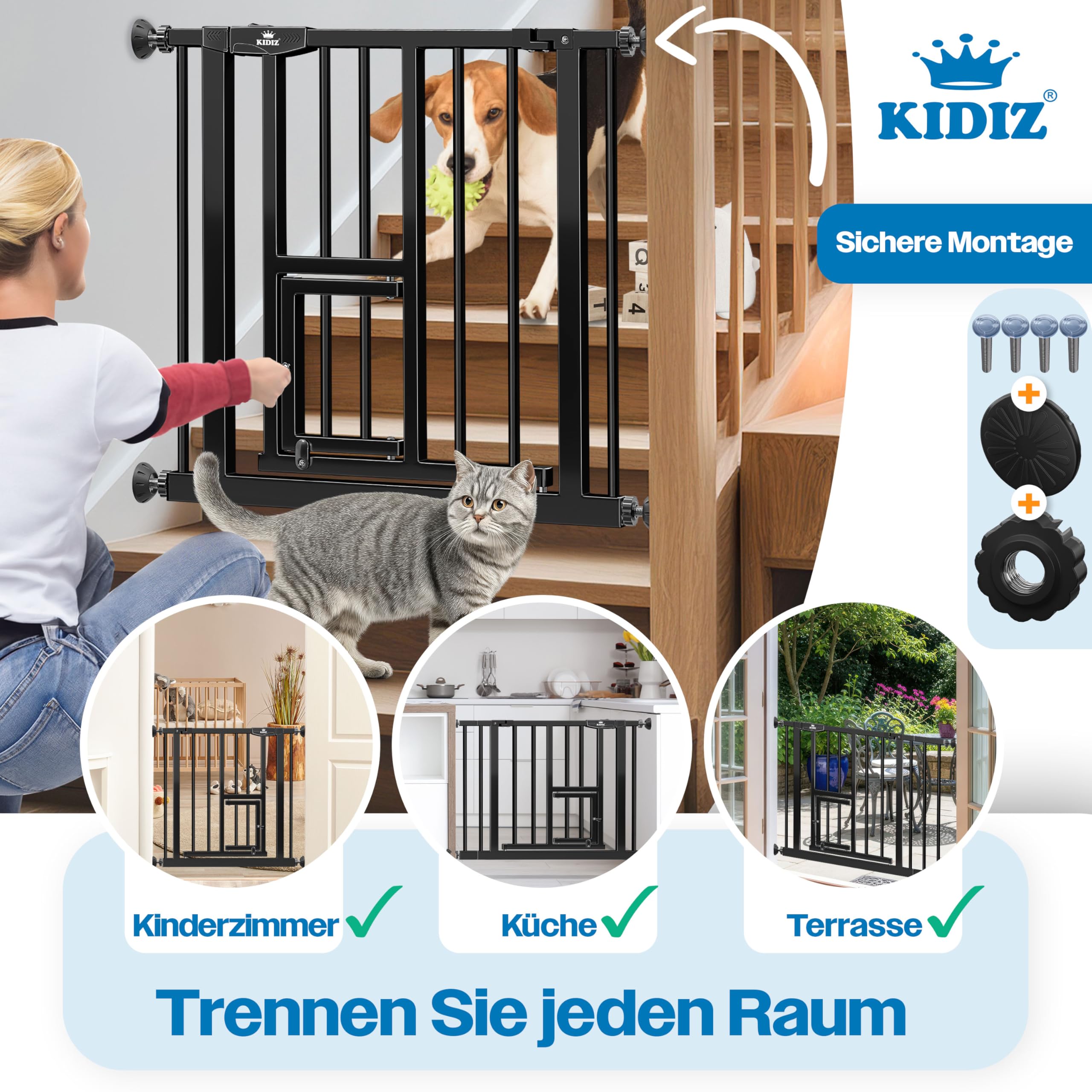 KIDIZ® Cancelletto di Sicurezza per porte, Cancelletto per Bambini, con Porta per Cani e Gatti, senza foratura, espandibile, combinabile con i mandrini a Y, girevole, 74-87 cm - Nero