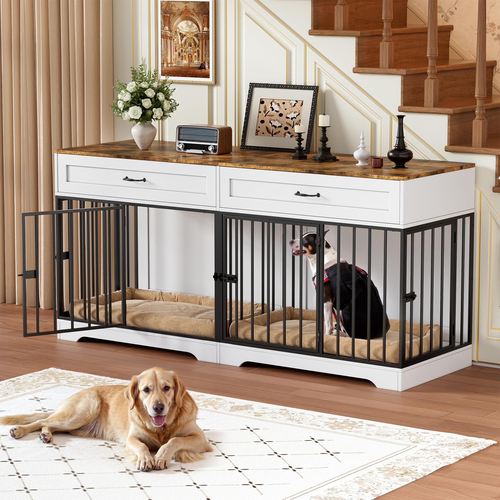 Jaula para Perros Grandes Interior Estilo Mueble Casa para Perros con 2 Cajones Caja para Perros Grande para Casa de Madera Jaula Mueble de Madera para Perro XXL, hasta 100KG, 178x58x85CM