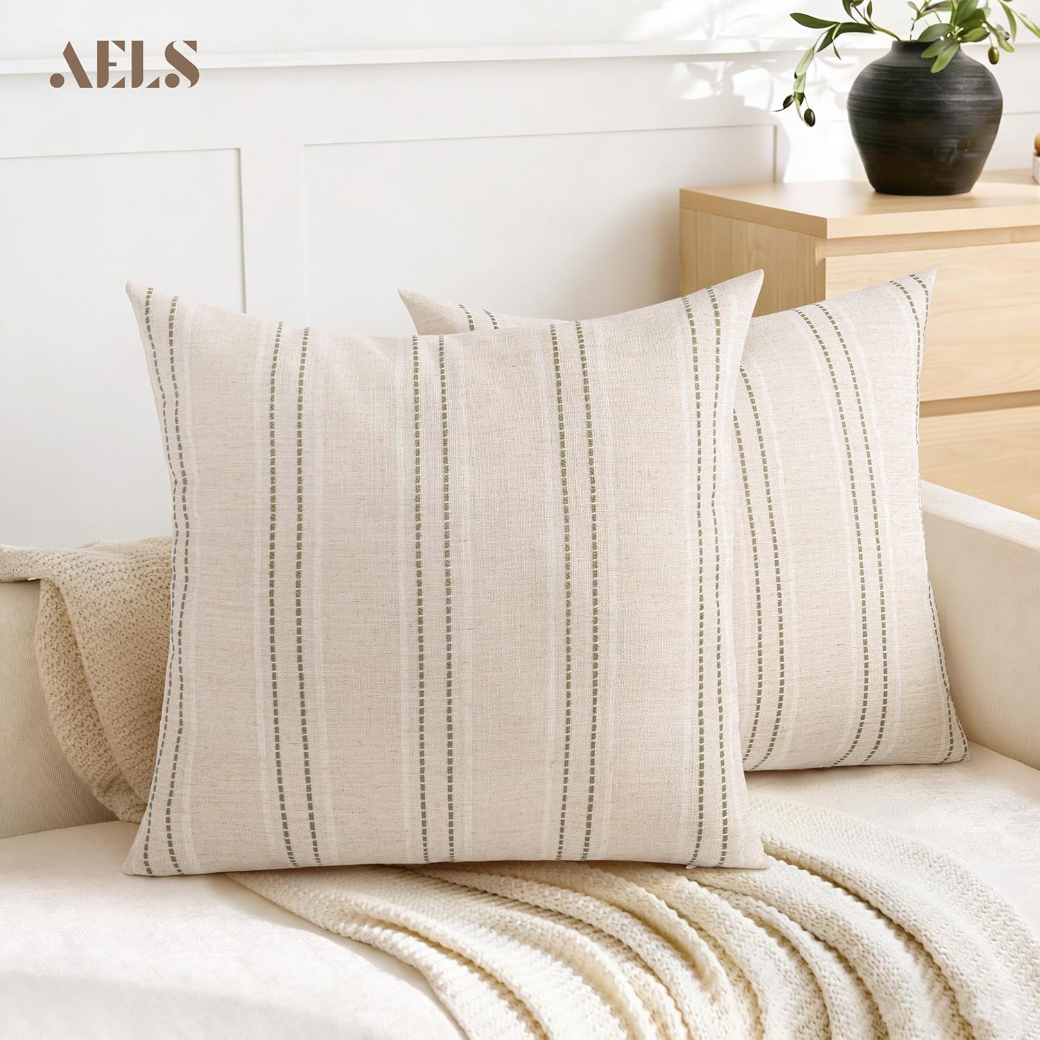 AELS 22x22 Decorative Farmhouse Linen Throw Pillow Covers, Boho Textured Pillow Case, Set of 2, Beige with White & Brown Stitch Yarn Dyed Stripe Cushion Cover for Sofa Couch Living Room (Cover ONLY) - Image 5