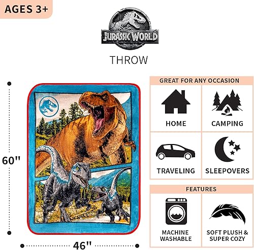 Miniatura 4 de Jurassic World Dominion Blue Velociraptor and Rexy T-Rex - Manta de felpa súper suave de micro Raschel, 46 x 60 pulgadas, ropa de cama de Franco Kids