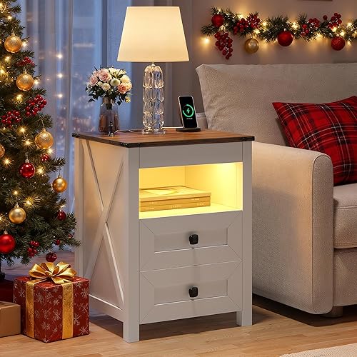 Miniatura 10 de Mesita de noche LED con cajón para pistolas: mesita de noche con estación de carga para muebles de dormitorio, mesita de noche de granja con 3 91061