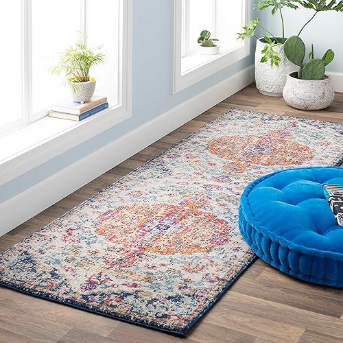 Vista 20 de Livabliss Alfombra cuadrada Odelia de 8 x 8 pies, estilo vintage, bohemio, aguamarina y azul burdeos, para sala de estar, dormitorio, medallón