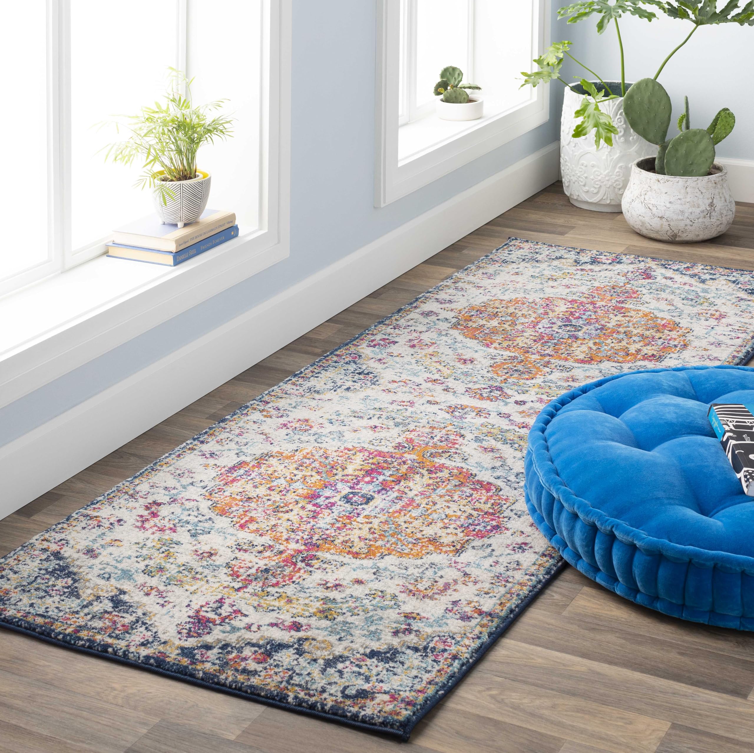 Livabliss Asmara - Tappeto vintage per soggiorno, 80 x 220 cm, corridoio, cucina, stile bohémien, tradizionale, multicolore, di facile manutenzione, grande, stile bohémien, colore: blu e arancione