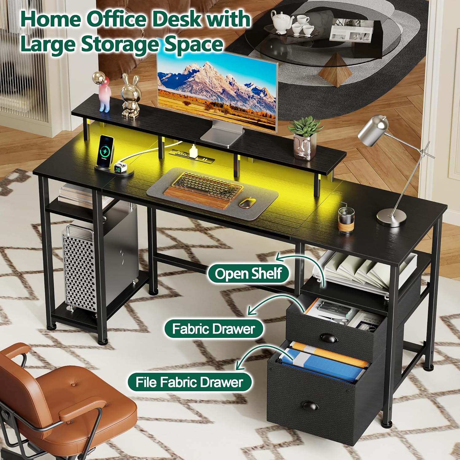 Furologee 61" Computer Desk with Power Outlet and LED Lights, Desk with Fabric File Cabinet Drawer, Large Reversible Table with Shelves and Monitor Stand, Writing Study Table for Home Office The Forest Stewardship Council - imagen 2