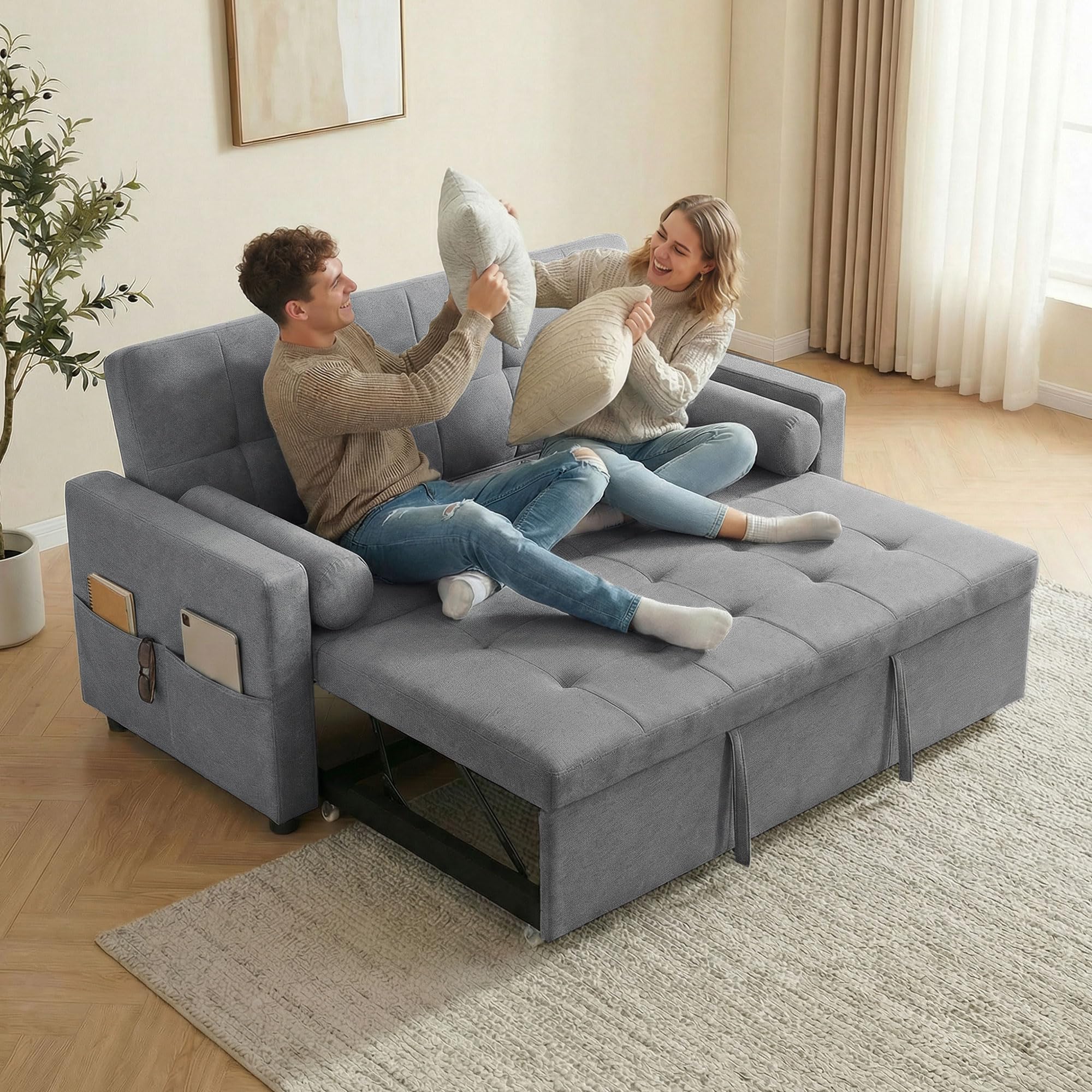 HOMCOM Sofá Cama 2 Plazas 3 en 1 con Respaldo Ajustable 6 Niveles Gris | Sofá Cama Deslizante, Tejido Lino, Bolsillos Laterales, 2 Cojines Fundas Extraíbles, para Sala de Estar, Espacios Pequeños