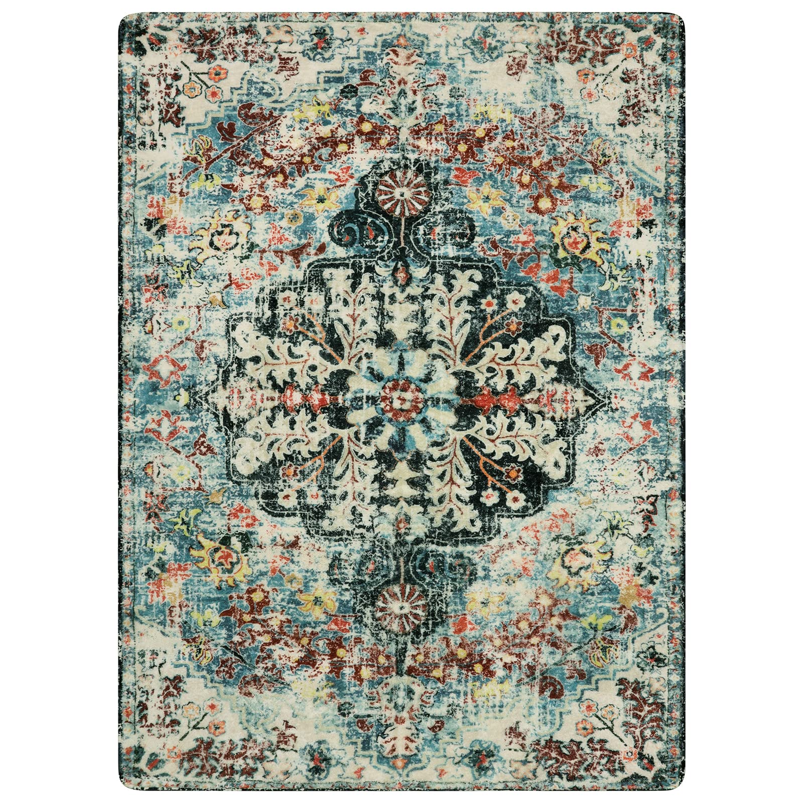 Lahome Bohemian Floral Medallion Area Rug - 4x6 Teal Soft Bedroom Rug Washable Entryway Mat, Non Slip Pet Friendly Indoor Floor Accent Carpet for Bathroom Mudroom Basement Studio