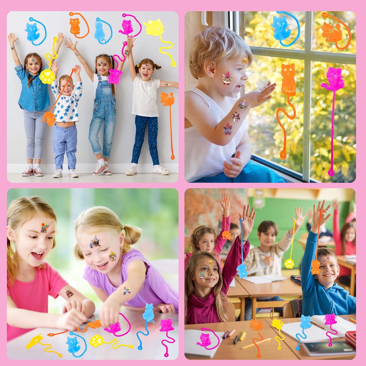 36PCS Cat Party Favors - 24PCS Temporary Tattoos 12PCS Stick Hands Perfect Birthday Supplies for Kids Stretchy Fidget Goodie Bag Stuffers Treasure Box Toys Classroom Prizes Student Gifts