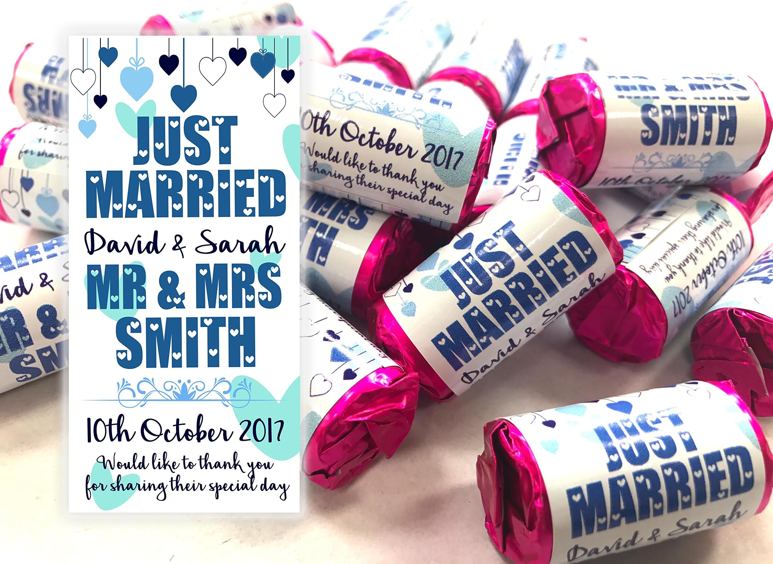 Personalised Mini Love Hearts Wedding Favours Just Married for Guests Gift Thank You Table Favours. Each roll Contains 7 Individual Sweets Suitable for Vegetarians (100)