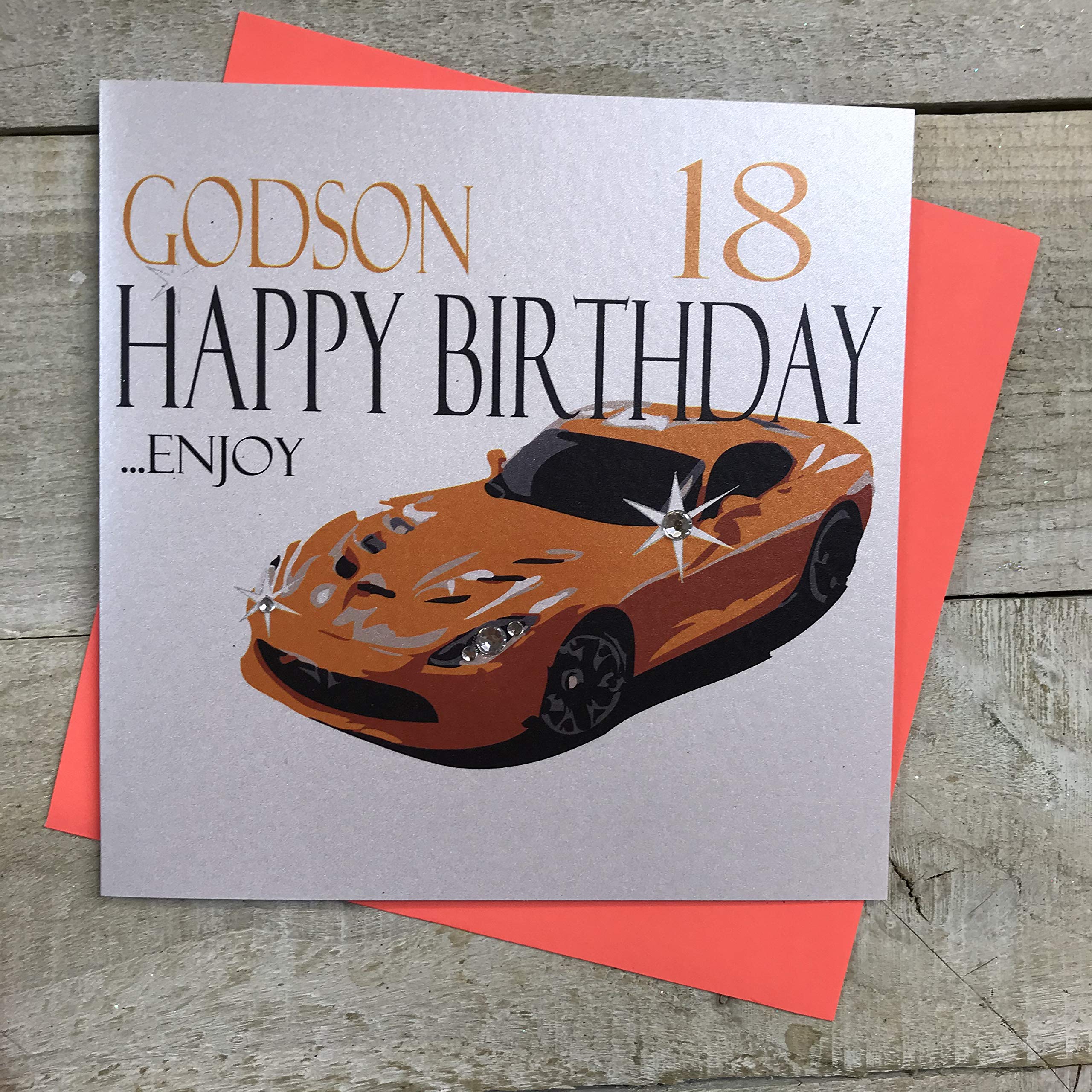 WHITE COTTON CARDS Handmade Godson 18 Happy Birthday…Enjoy Orange Sports Car 18th Birthday Card, White, N62-GD18